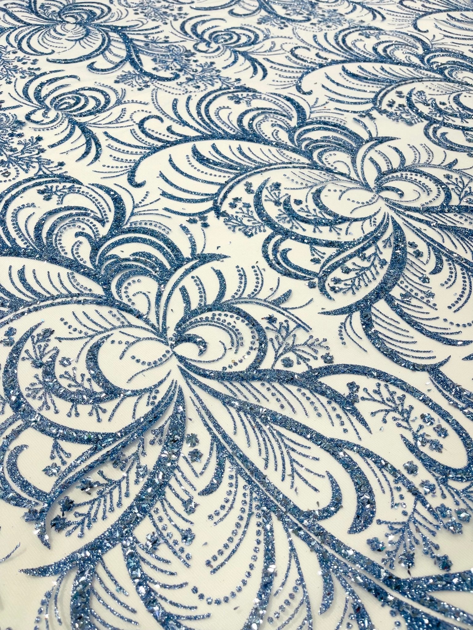Palm Vine Glitter Design On A Mesh Lace 54" Wide| New Creations Fabric & Foam Inc. - New Creations Fabric & Foam Inc