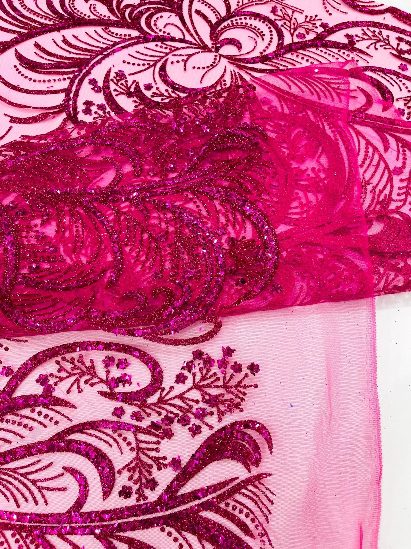 Palm Vine Glitter Design On A Mesh Lace 54" Wide| New Creations Fabric & Foam Inc. - New Creations Fabric & Foam Inc