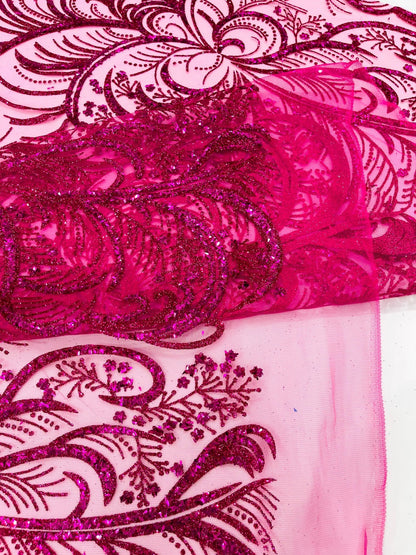 Palm Vine Glitter Design On A Mesh Lace 54" Wide| New Creations Fabric & Foam Inc. - New Creations Fabric & Foam Inc