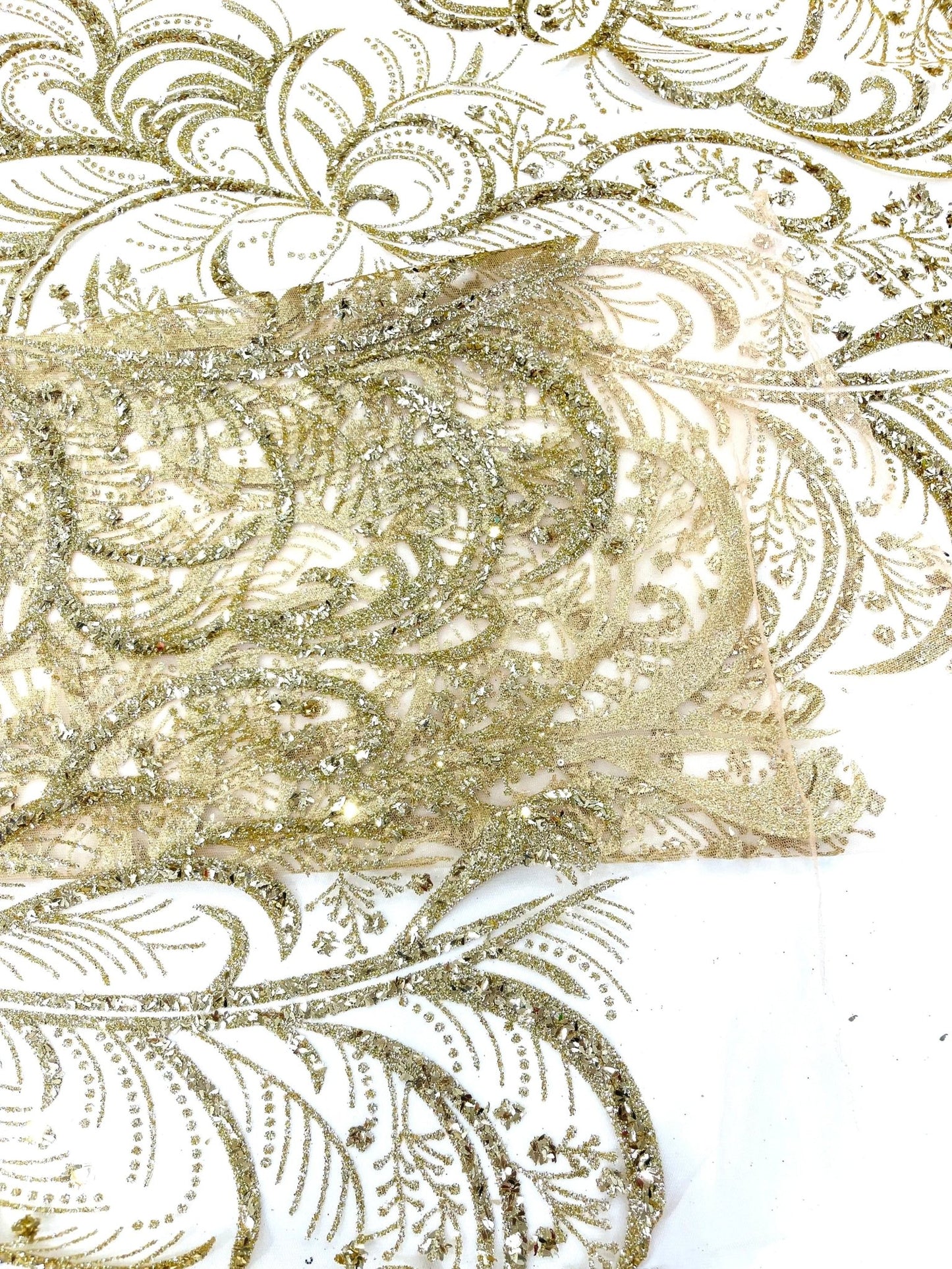 Palm Vine Glitter Design On A Mesh Lace 54" Wide| New Creations Fabric & Foam Inc. - New Creations Fabric & Foam Inc