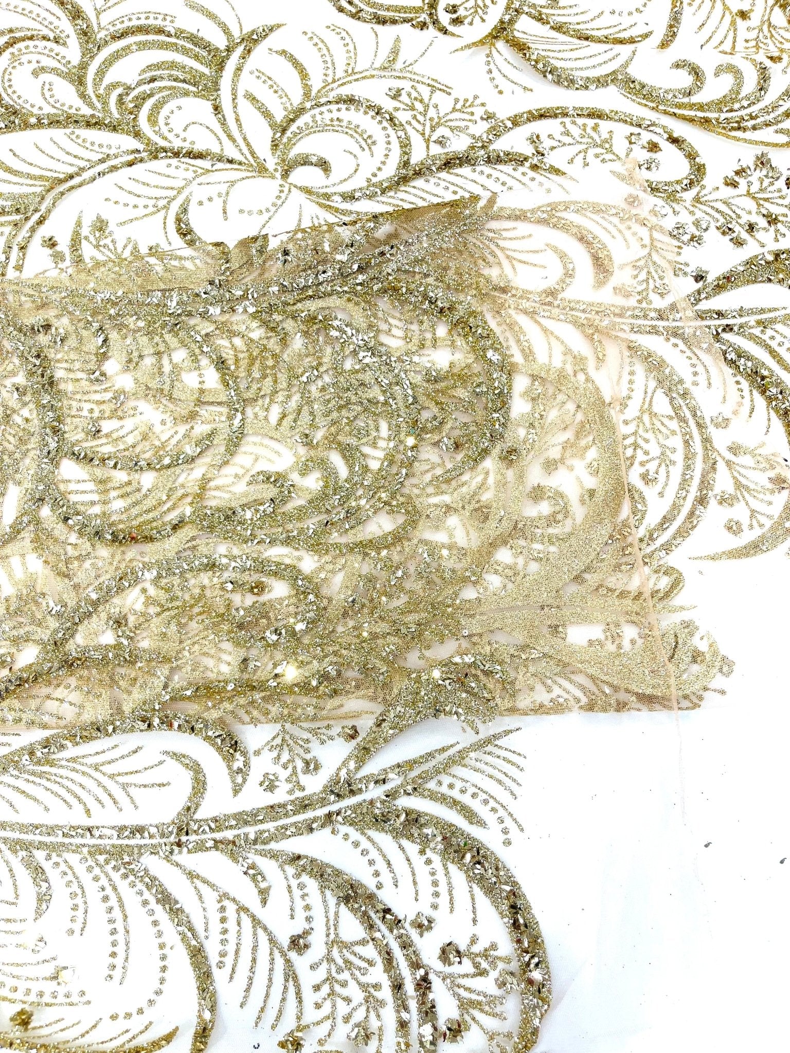 Palm Vine Glitter Design On A Mesh Lace 54" Wide| New Creations Fabric & Foam Inc. - New Creations Fabric & Foam Inc
