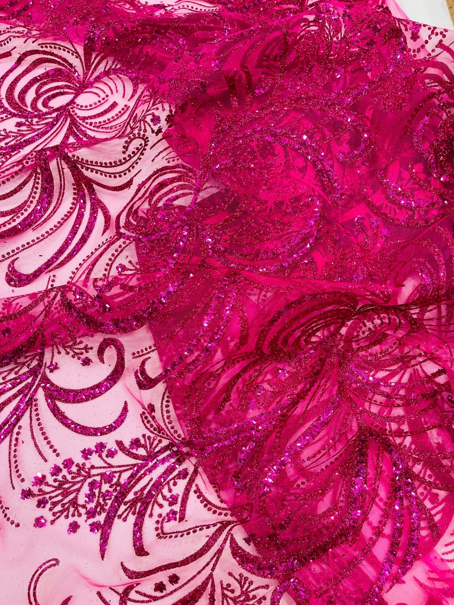 Palm Vine Glitter Design On A Mesh Lace 54" Wide| New Creations Fabric & Foam Inc. - New Creations Fabric & Foam Inc