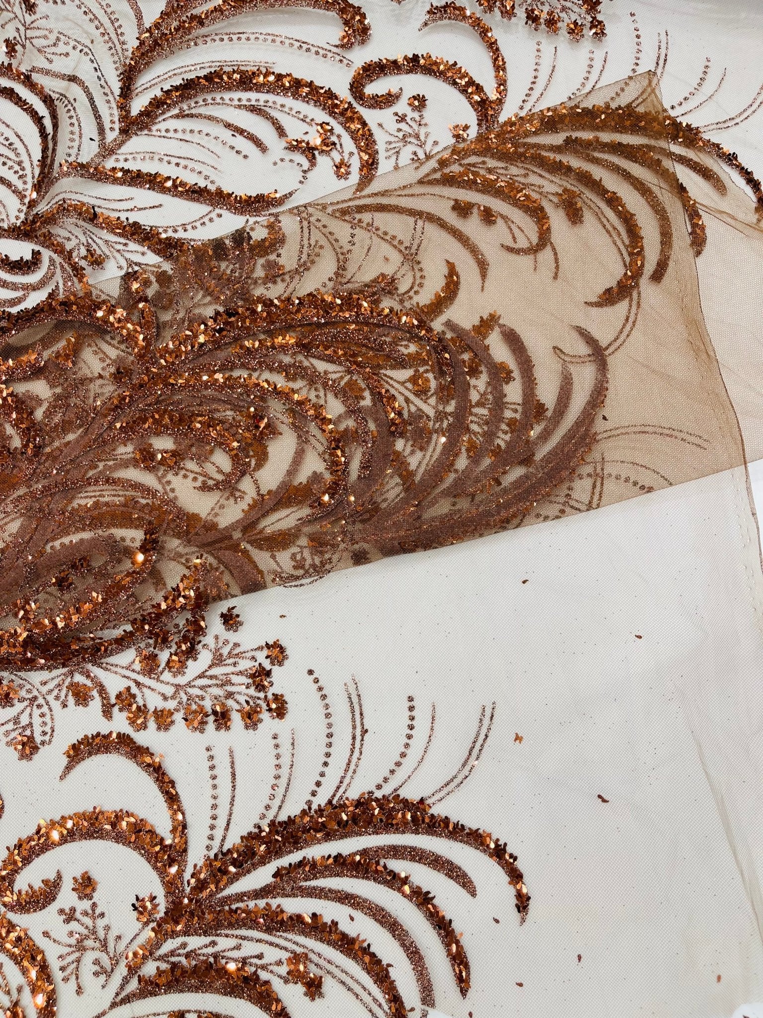 Palm Vine Glitter Design On A Mesh Lace 54" Wide| New Creations Fabric & Foam Inc. - New Creations Fabric & Foam Inc
