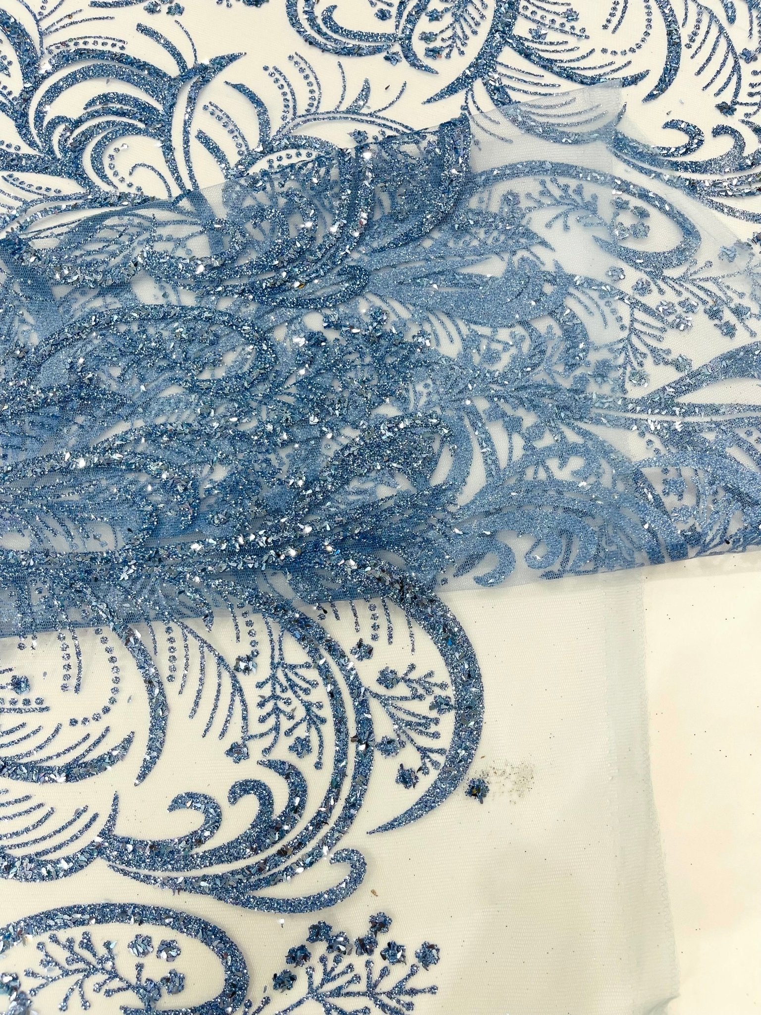 Palm Vine Glitter Design On A Mesh Lace 54" Wide| New Creations Fabric & Foam Inc. - New Creations Fabric & Foam Inc