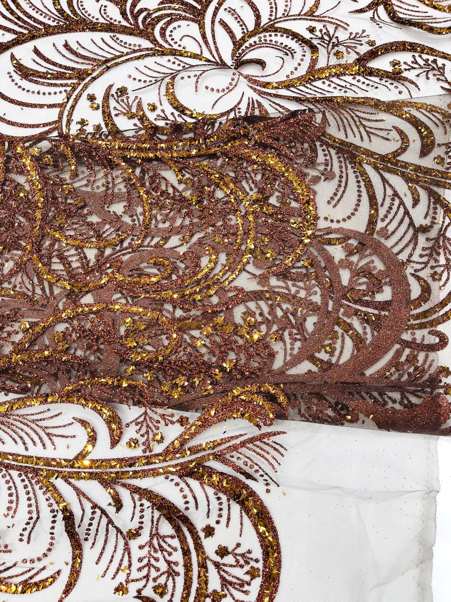 Palm Vine Glitter Design On A Mesh Lace 54" Wide| New Creations Fabric & Foam Inc. - New Creations Fabric & Foam Inc