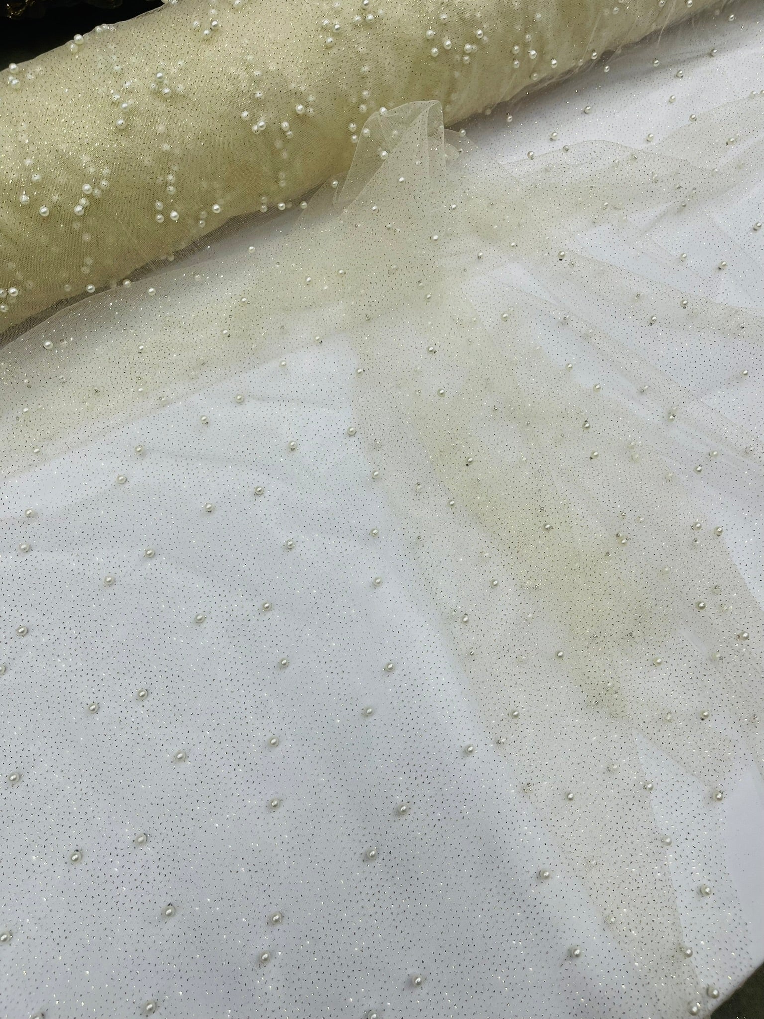 Pearl Glitter Studded Mesh Fabric| New Creations Fabric & Foam Inc. - New Creations Fabric & Foam Inc