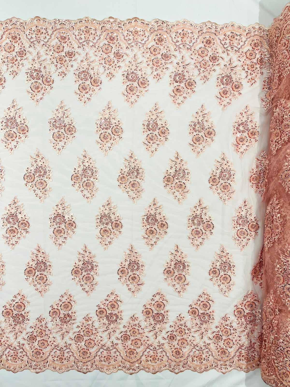 Princess Beaded Damask Lace On Mesh| 54" Wide| Wedding Fabric| Prom. - New Creations Fabric & Foam Inc