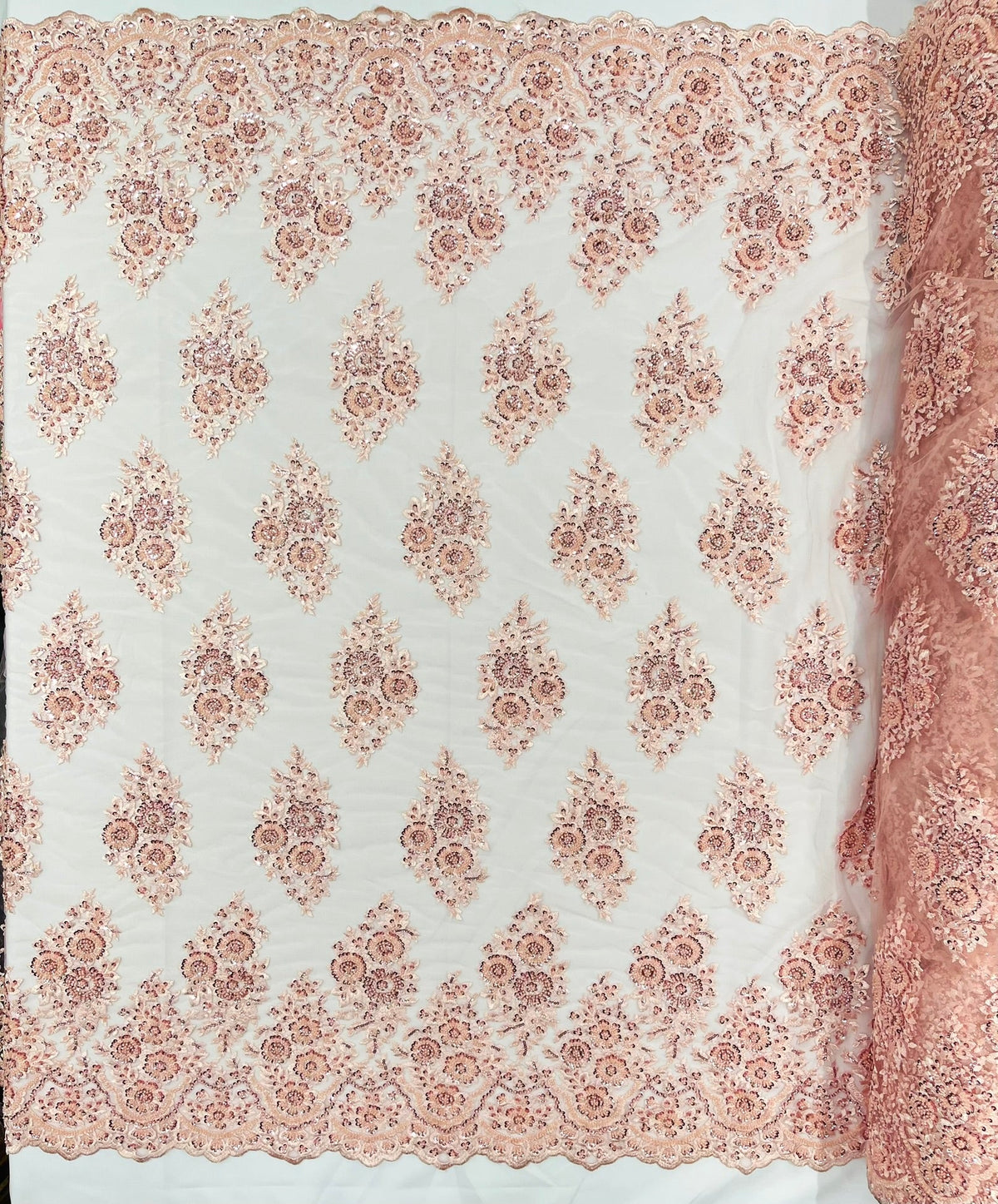 Princess Beaded Damask Lace On Mesh| 54" Wide| Wedding Fabric| Prom. - New Creations Fabric & Foam Inc