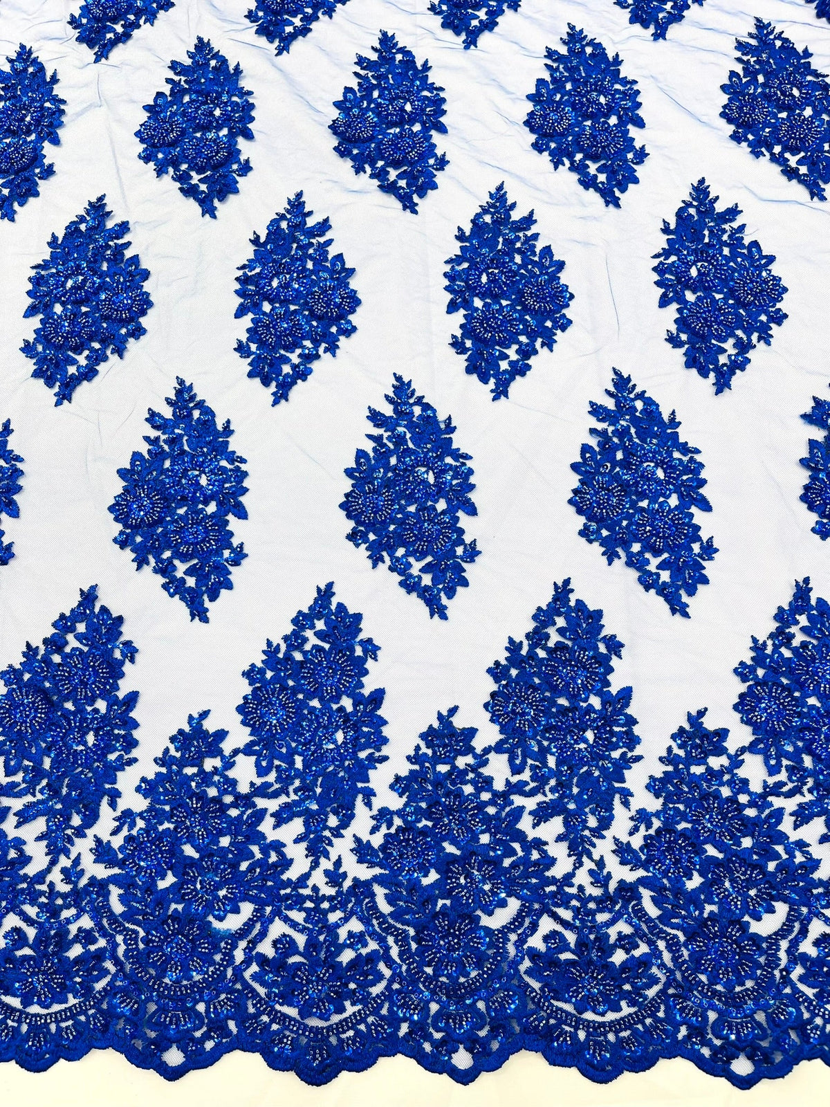 Princess Beaded Damask Lace On Mesh| 54" Wide| Wedding Fabric| Prom. - New Creations Fabric & Foam Inc