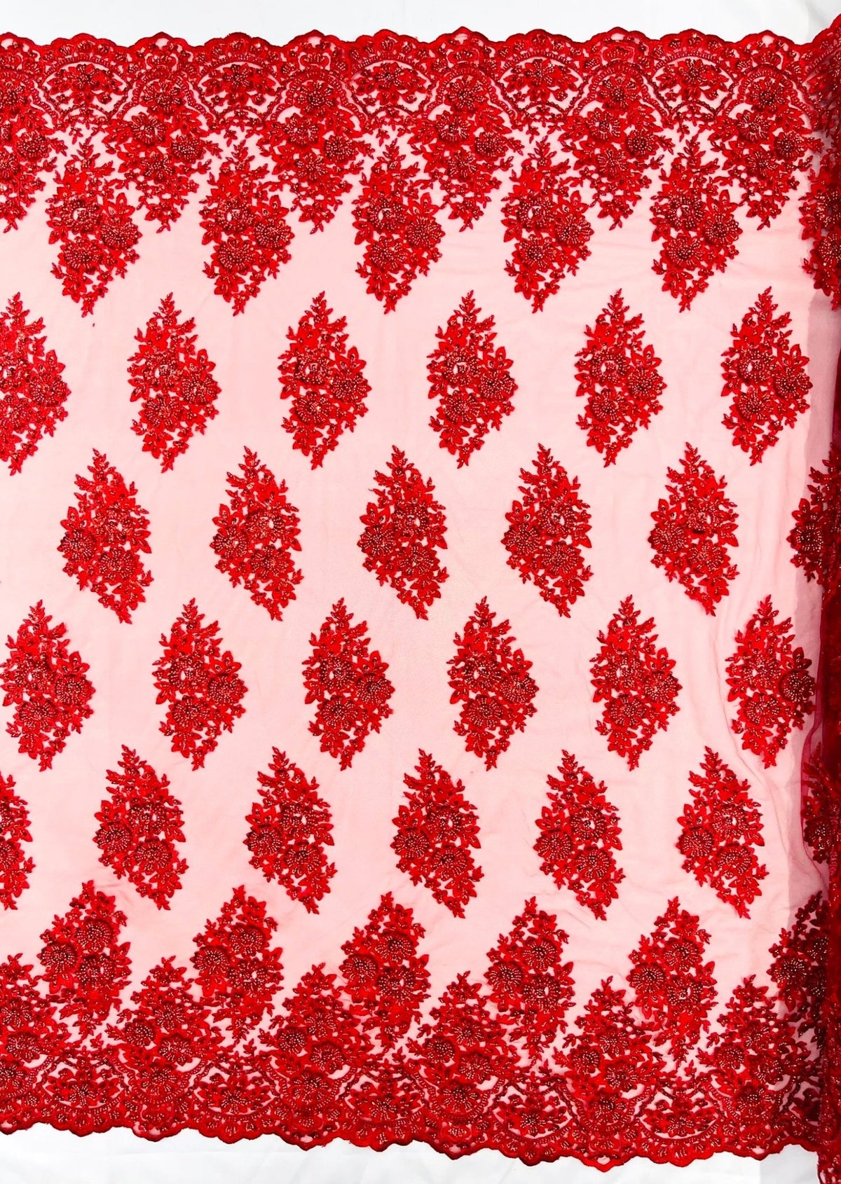 Princess Beaded Damask Lace On Mesh| 54" Wide| Wedding Fabric| Prom. - New Creations Fabric & Foam Inc
