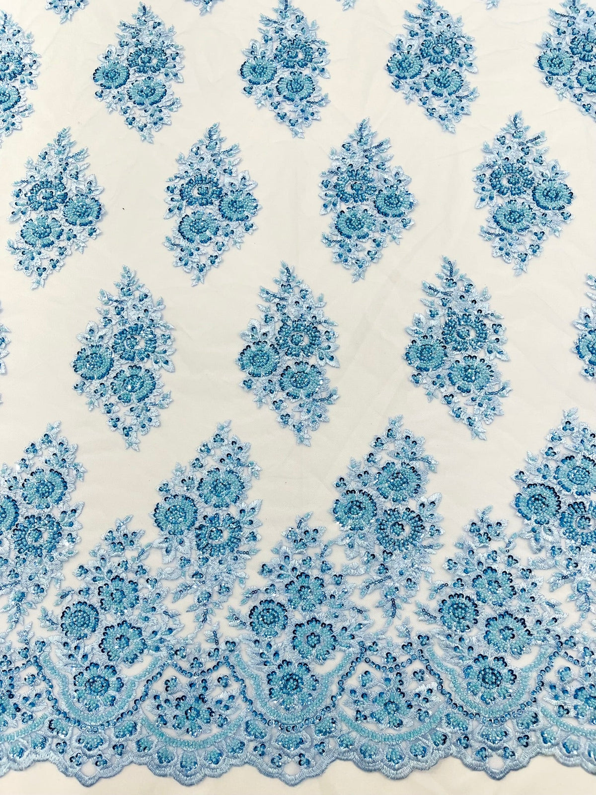Princess Beaded Damask Lace On Mesh| 54" Wide| Wedding Fabric| Prom. - New Creations Fabric & Foam Inc