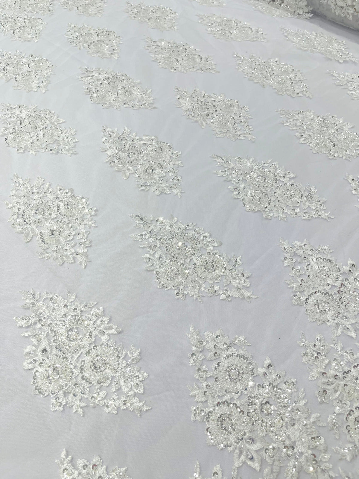 Princess Beaded Damask Lace On Mesh| 54" Wide| Wedding Fabric| Prom. - New Creations Fabric & Foam Inc