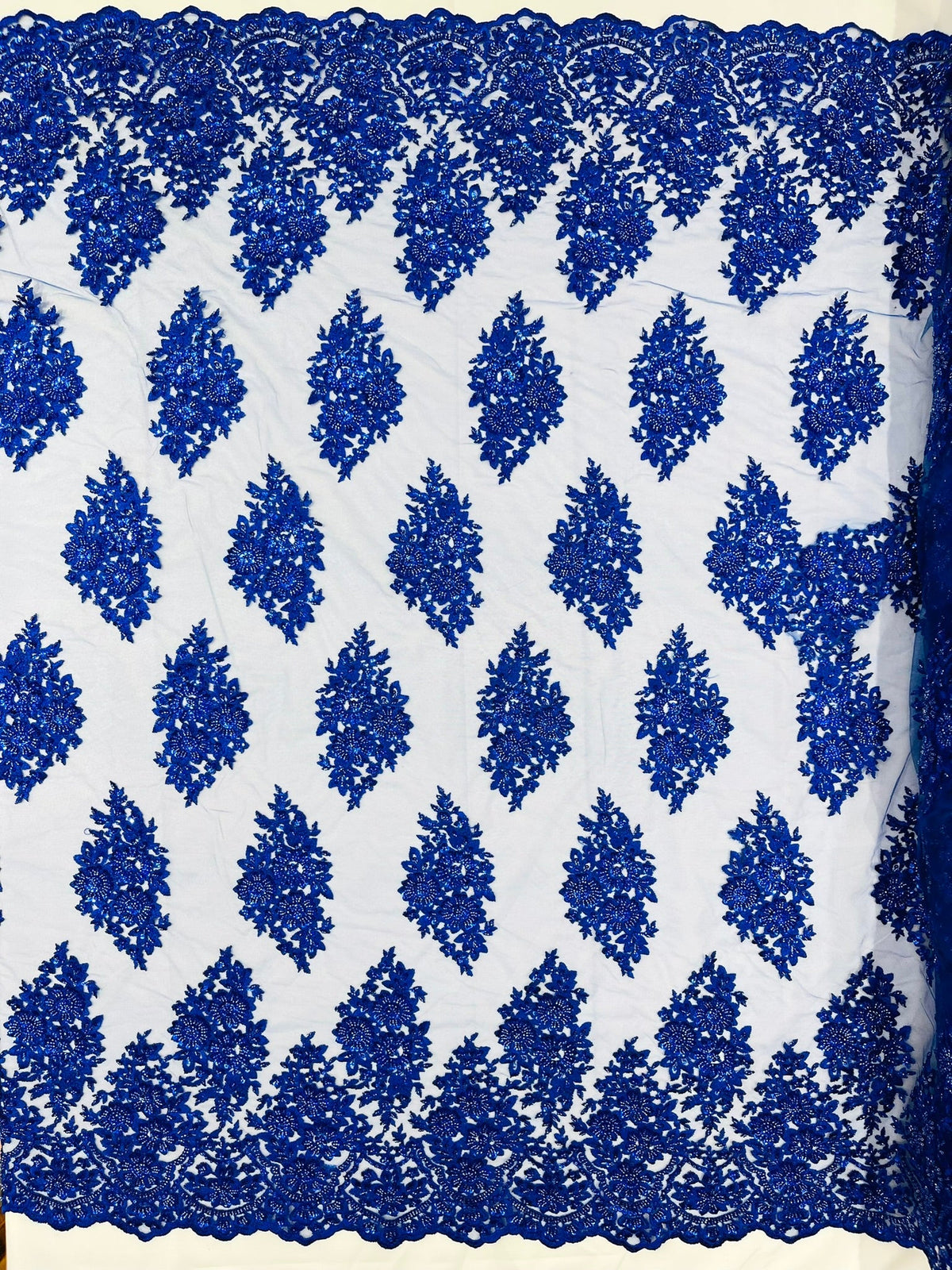 Princess Beaded Damask Lace On Mesh| 54" Wide| Wedding Fabric| Prom. - New Creations Fabric & Foam Inc
