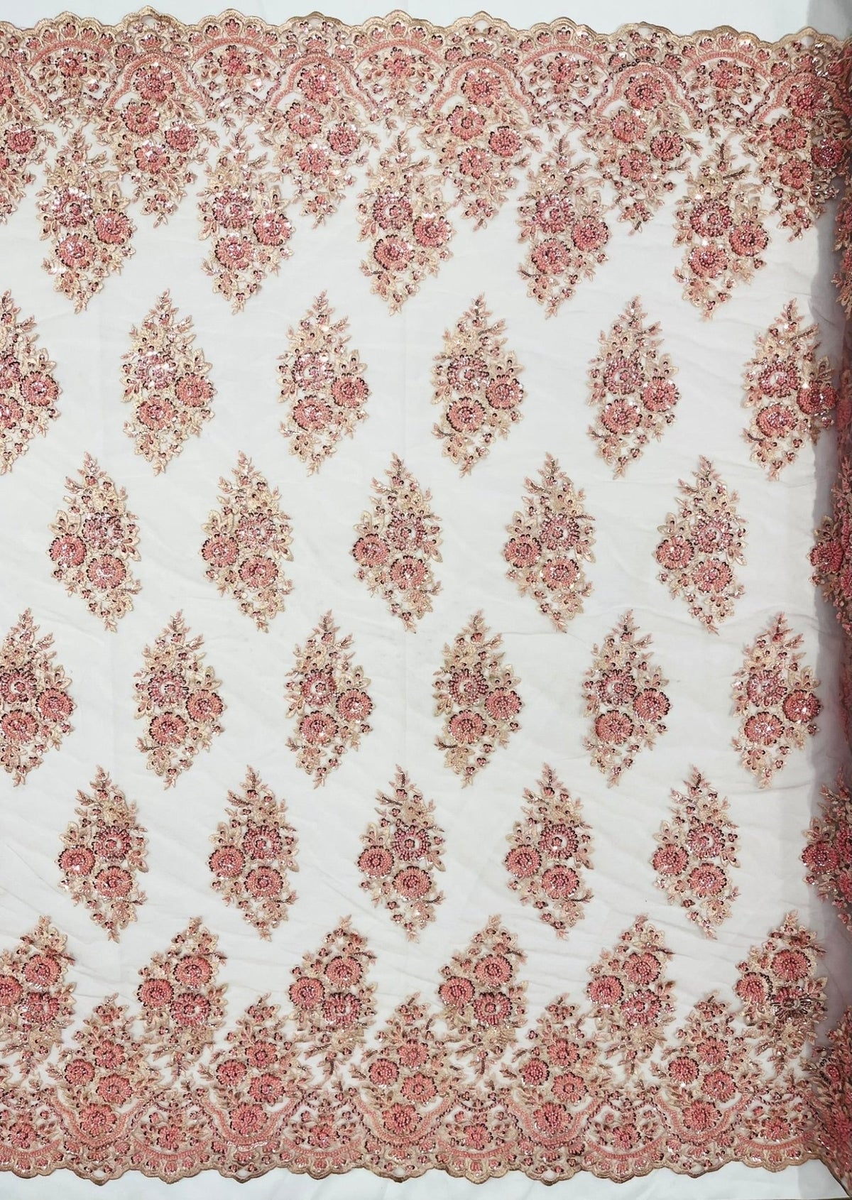 Princess Beaded Damask Lace On Mesh| 54" Wide| Wedding Fabric| Prom. - New Creations Fabric & Foam Inc