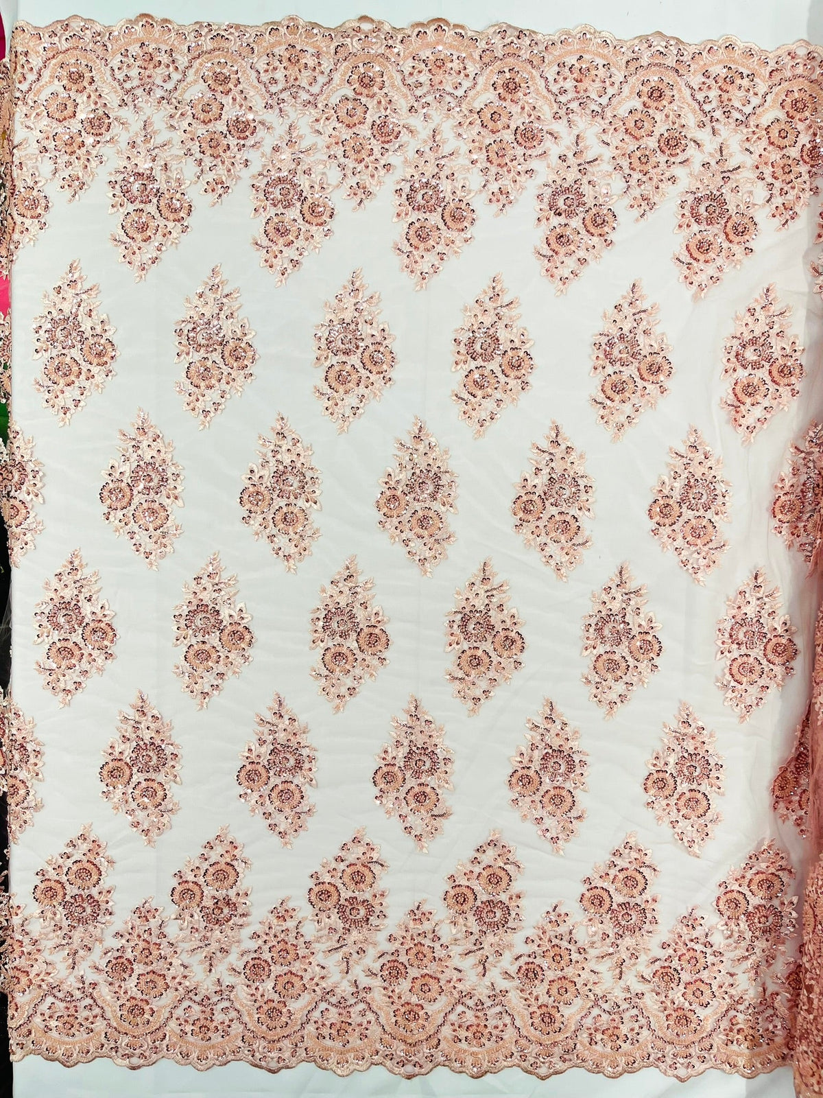 Princess Beaded Damask Lace On Mesh| 54" Wide| Wedding Fabric| Prom. - New Creations Fabric & Foam Inc