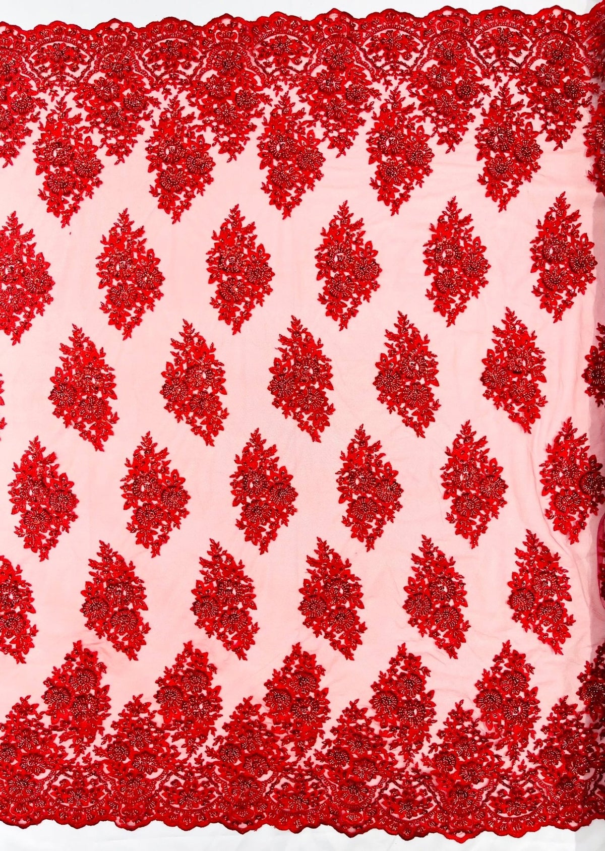 Princess Beaded Damask Lace On Mesh| 54" Wide| Wedding Fabric| Prom. - New Creations Fabric & Foam Inc