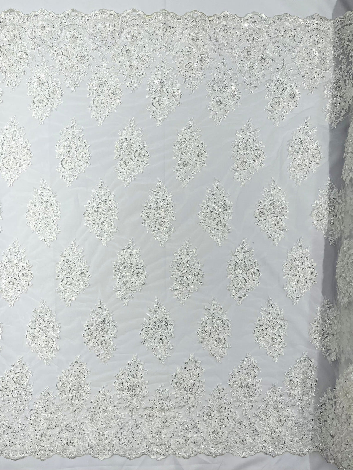 Princess Beaded Damask Lace On Mesh| 54" Wide| Wedding Fabric| Prom. - New Creations Fabric & Foam Inc