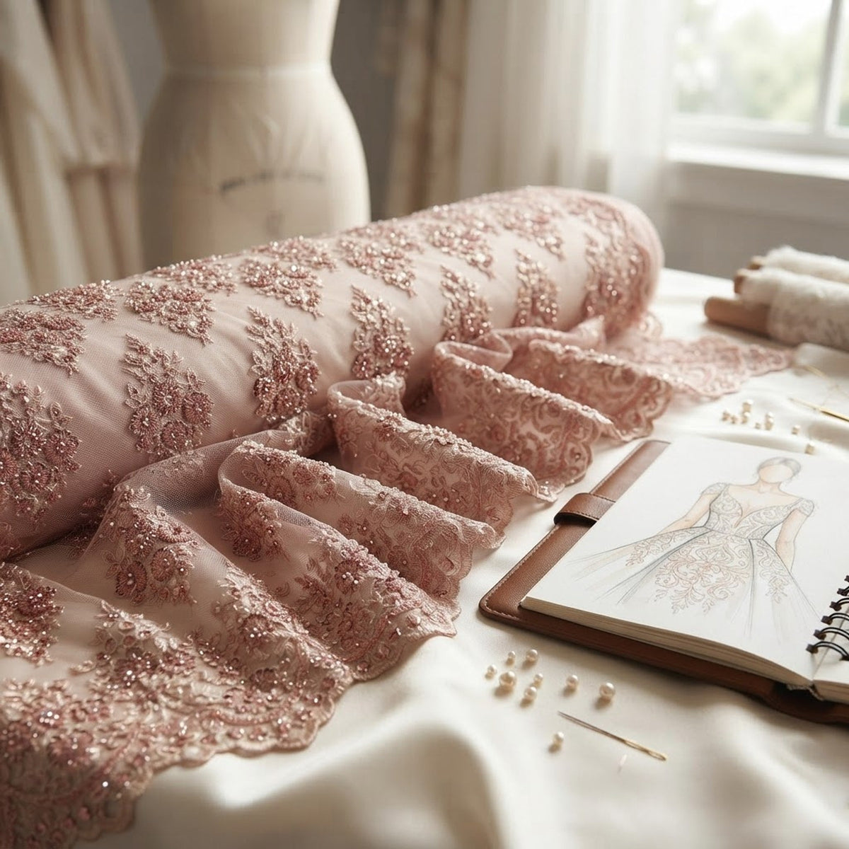 Princess Beaded Damask Lace On Mesh| 54" Wide| Wedding Fabric| Prom. - New Creations Fabric & Foam Inc