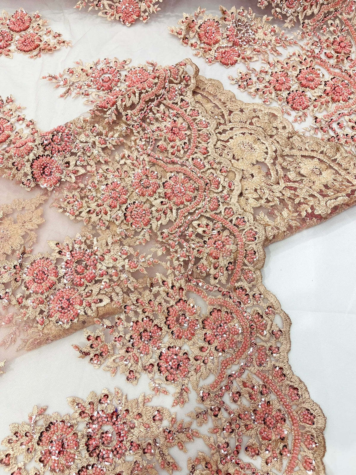 Princess Beaded Damask Lace On Mesh| 54" Wide| Wedding Fabric| Prom. - New Creations Fabric & Foam Inc
