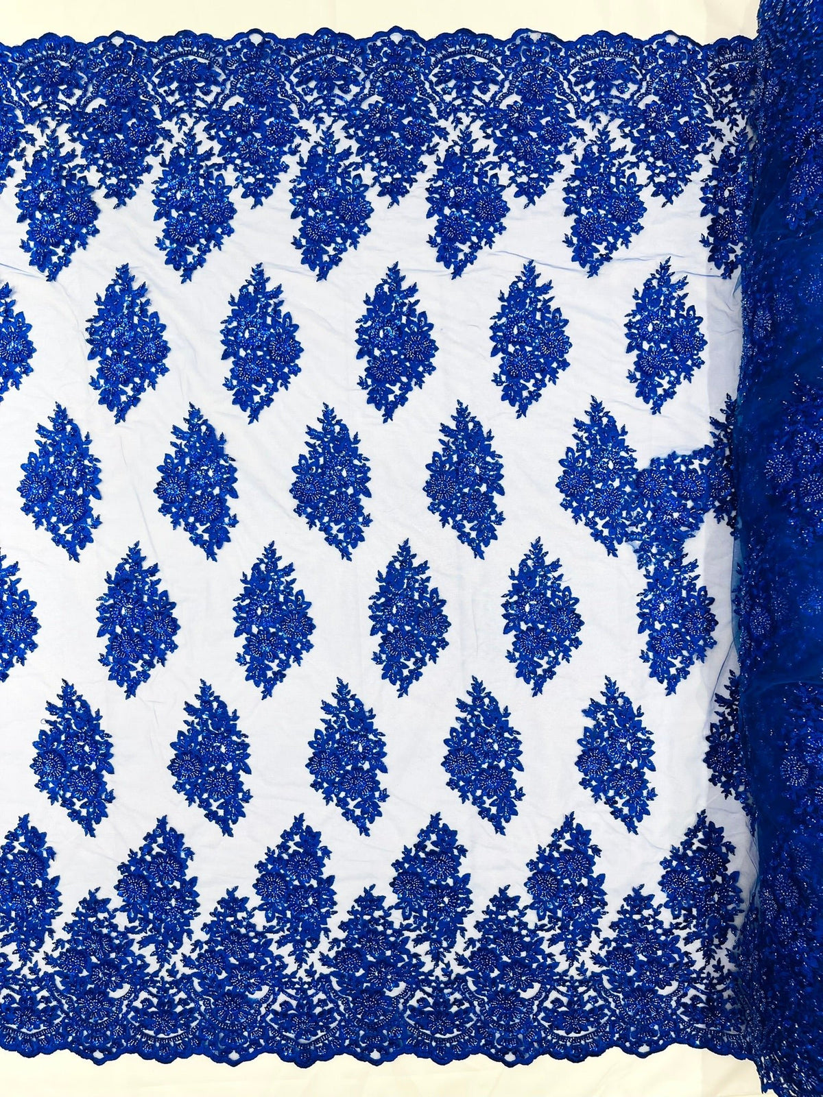 Princess Beaded Damask Lace On Mesh| 54" Wide| Wedding Fabric| Prom. - New Creations Fabric & Foam Inc
