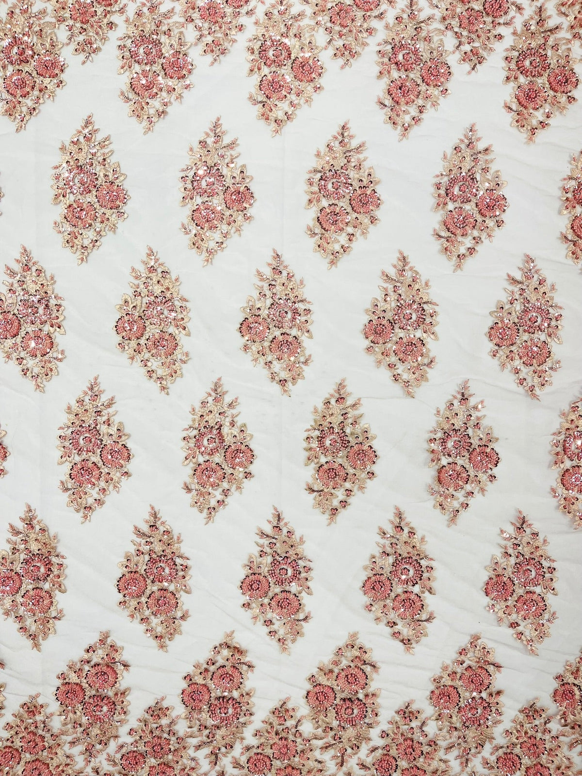 Princess Beaded Damask Lace On Mesh| 54" Wide| Wedding Fabric| Prom. - New Creations Fabric & Foam Inc