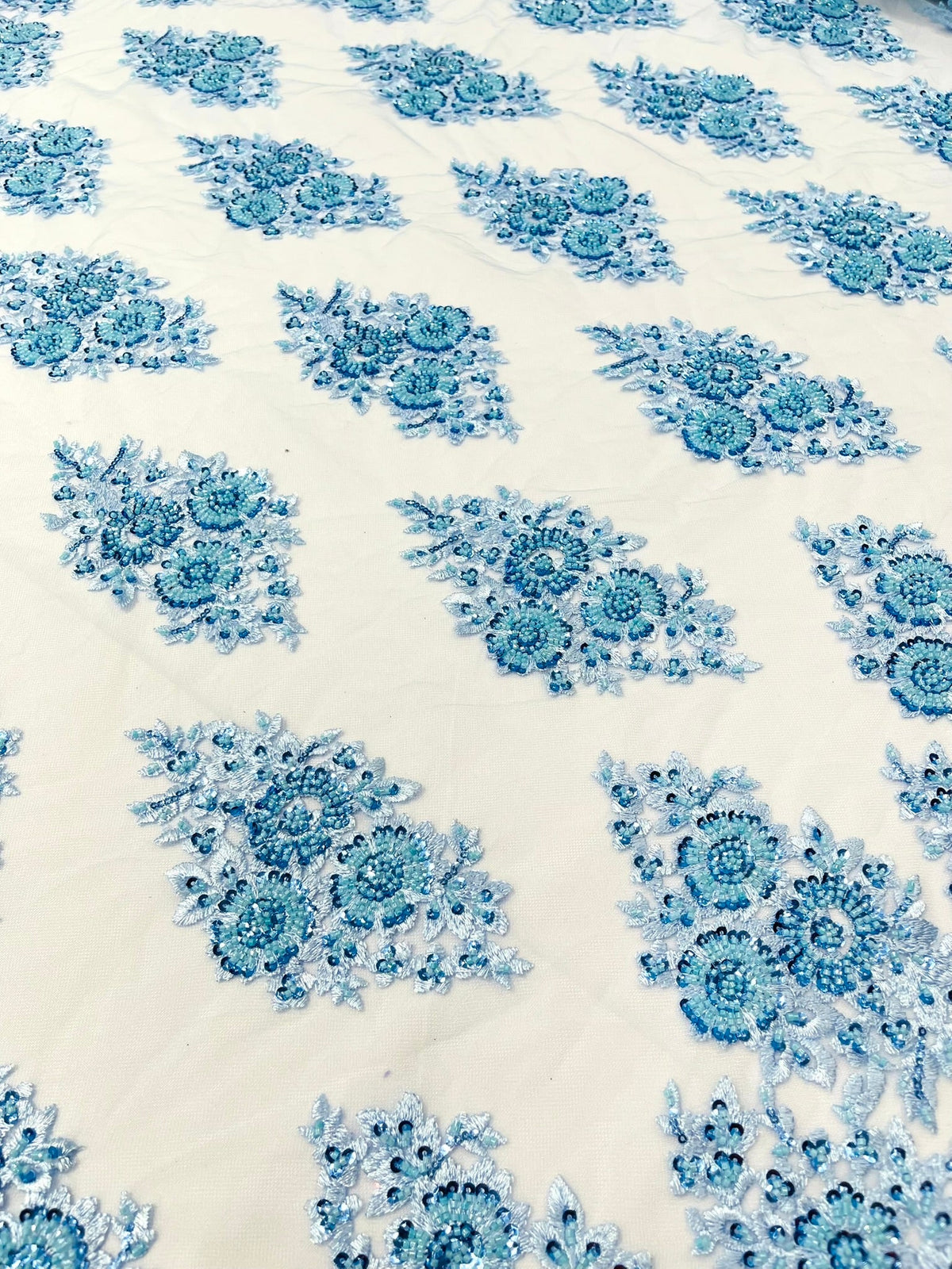 Princess Beaded Damask Lace On Mesh| 54" Wide| Wedding Fabric| Prom. - New Creations Fabric & Foam Inc