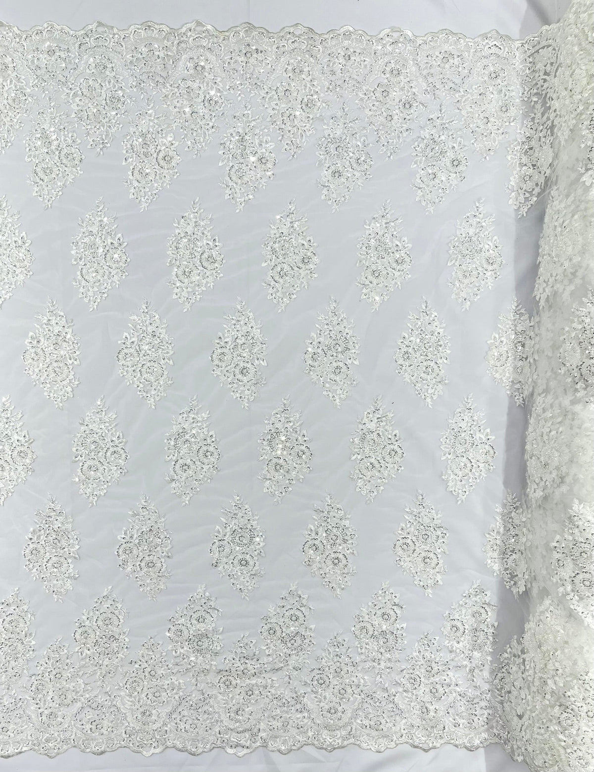 Princess Beaded Damask Lace On Mesh| 54" Wide| Wedding Fabric| Prom. - New Creations Fabric & Foam Inc