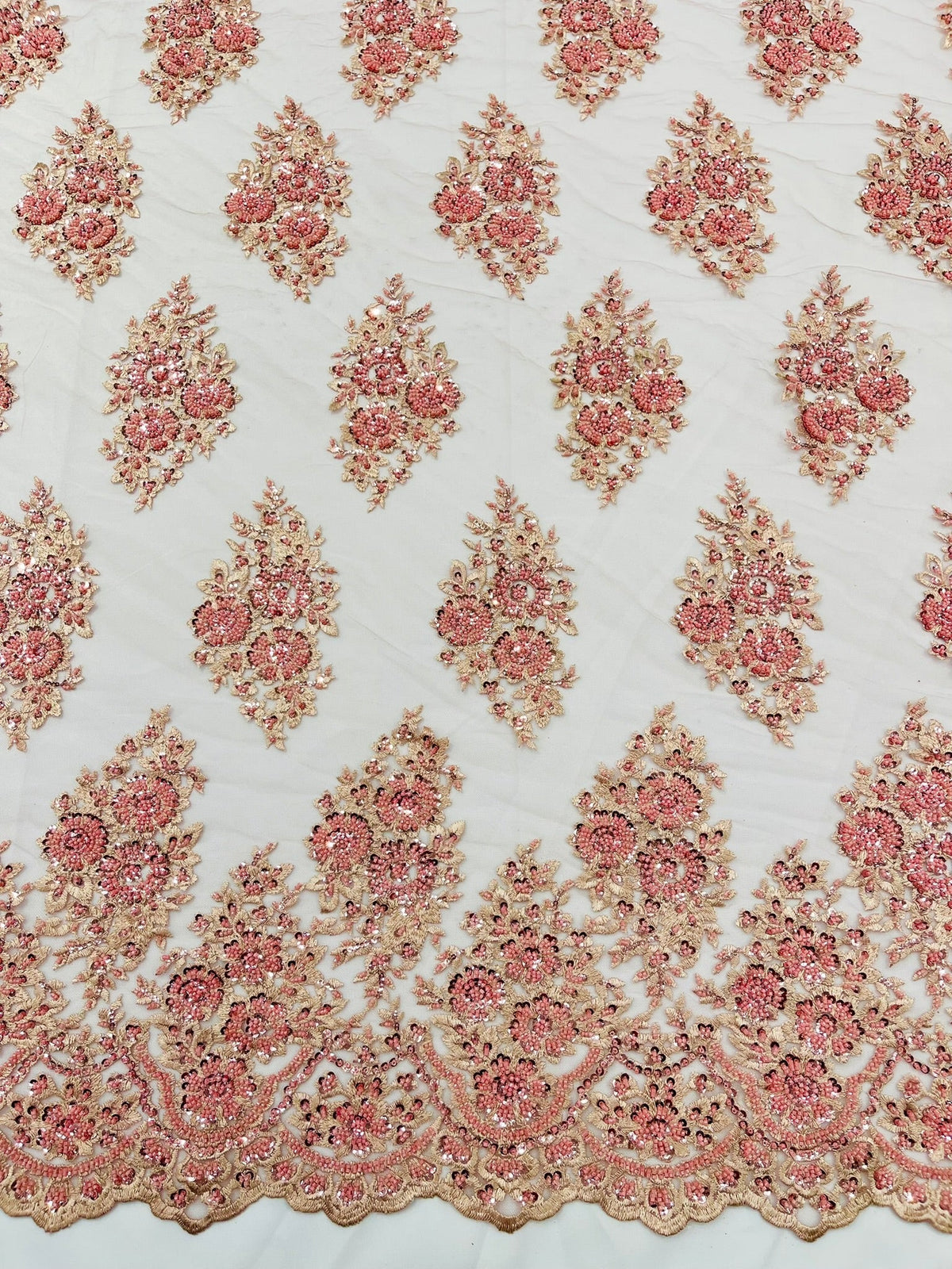 Princess Beaded Damask Lace On Mesh| 54" Wide| Wedding Fabric| Prom. - New Creations Fabric & Foam Inc