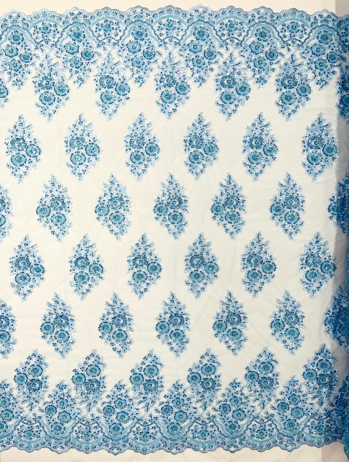 Princess Beaded Damask Lace On Mesh| 54" Wide| Wedding Fabric| Prom. - New Creations Fabric & Foam Inc
