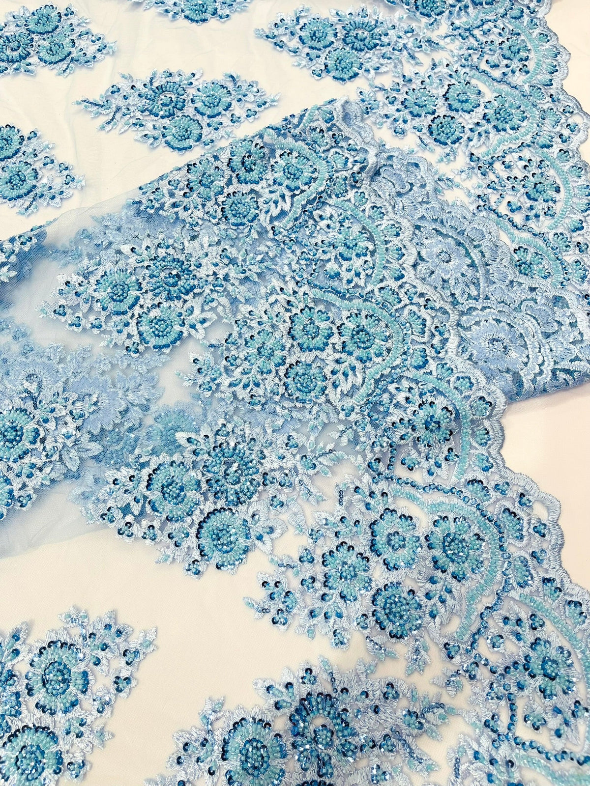 Princess Beaded Damask Lace On Mesh| 54" Wide| Wedding Fabric| Prom. - New Creations Fabric & Foam Inc