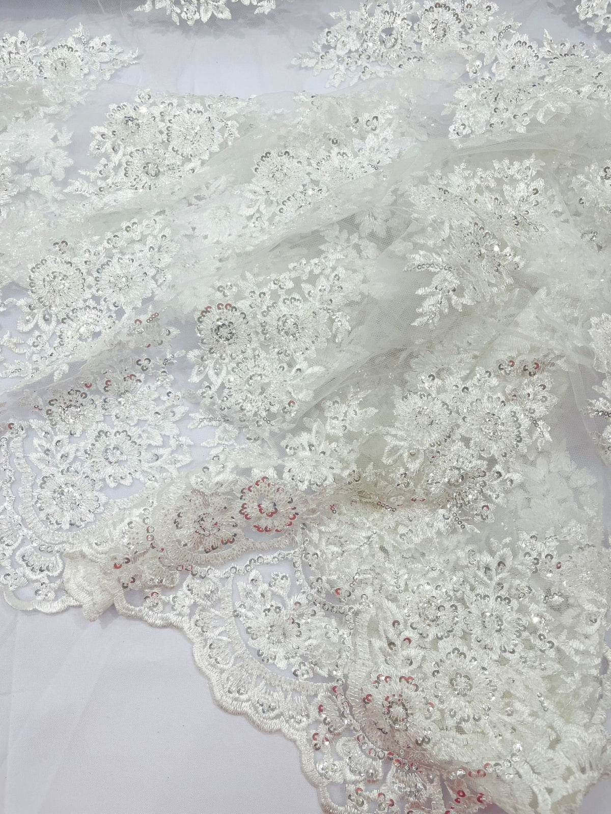 Princess Beaded Damask Lace On Mesh| 54" Wide| Wedding Fabric| Prom. - New Creations Fabric & Foam Inc