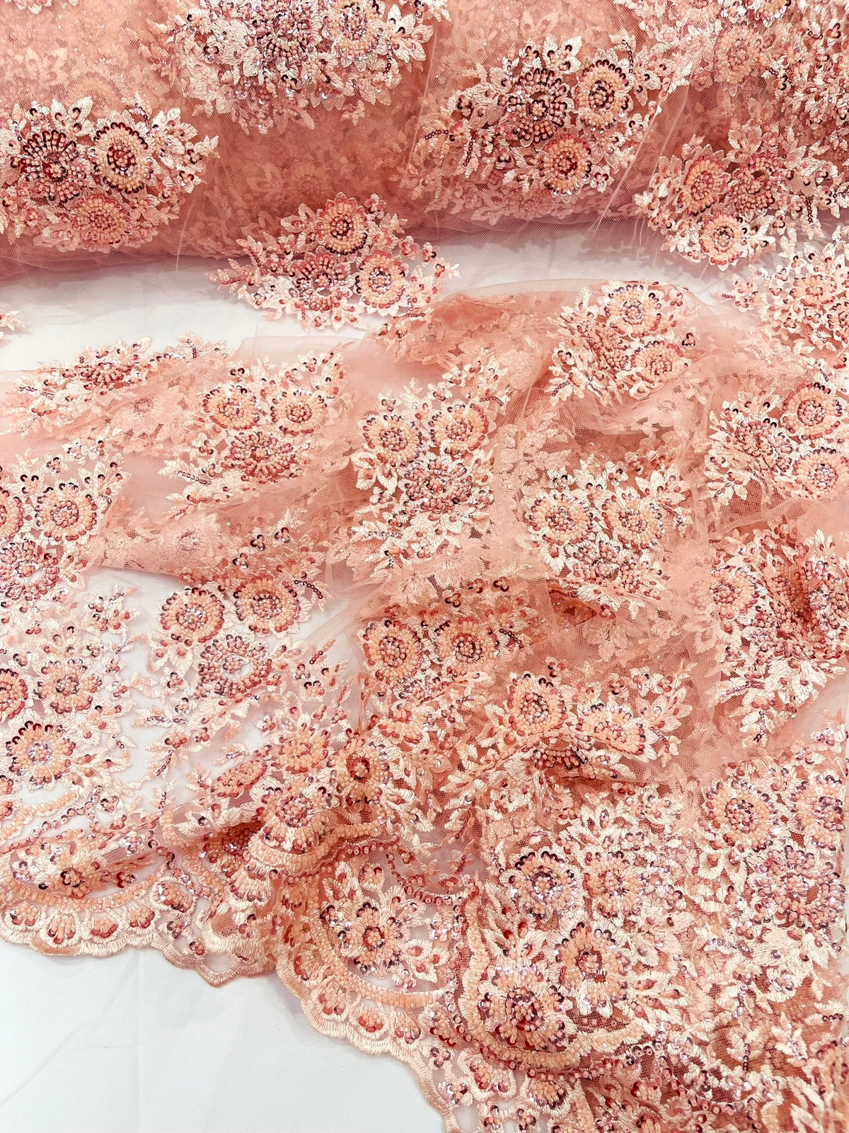 Princess Beaded Damask Lace On Mesh| 54" Wide| Wedding Fabric| Prom. - New Creations Fabric & Foam Inc