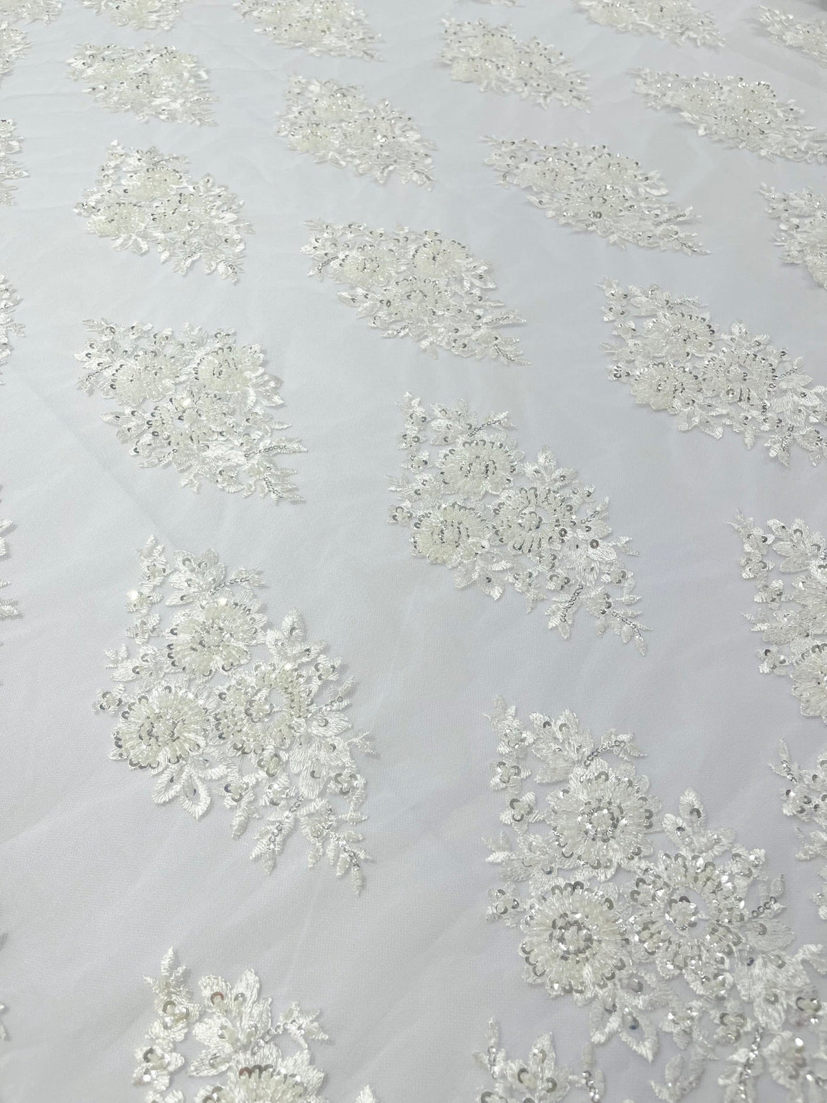 Princess Beaded Damask Lace On Mesh| 54" Wide| Wedding Fabric| Prom. - New Creations Fabric & Foam Inc