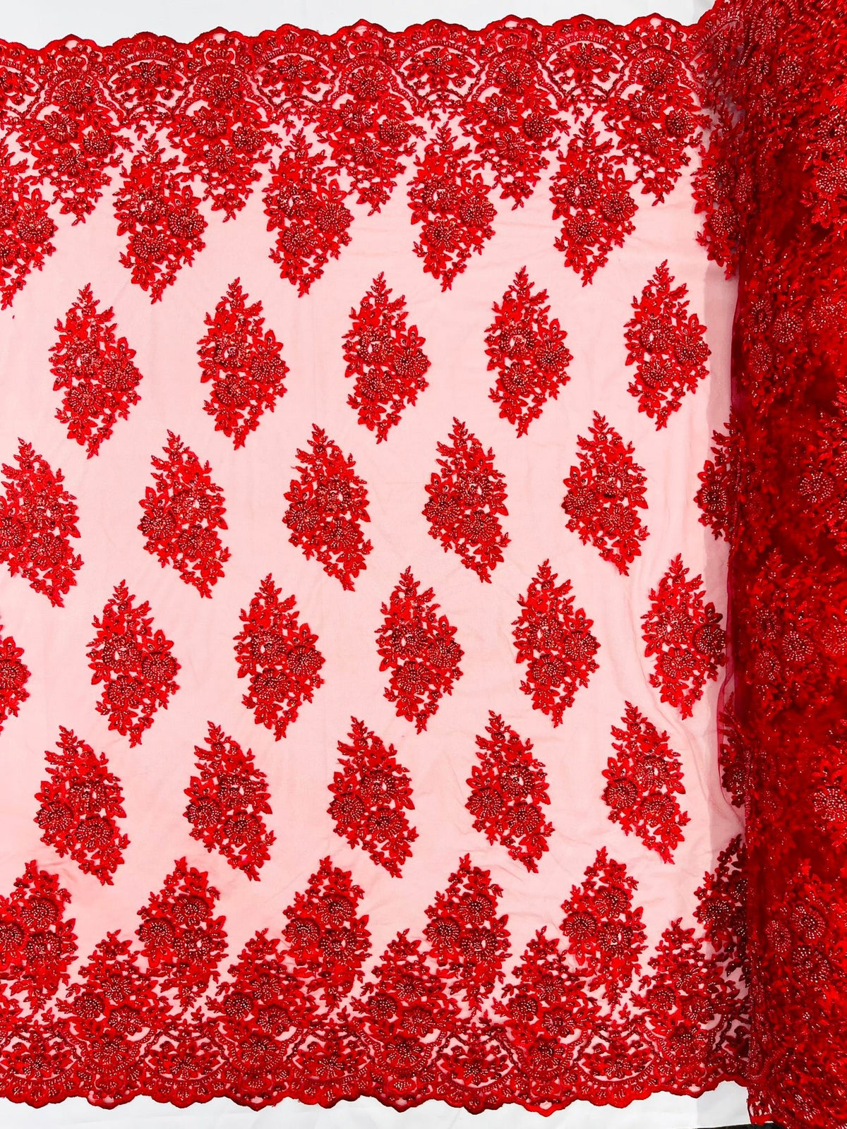 Princess Beaded Damask Lace On Mesh| 54" Wide| Wedding Fabric| Prom. - New Creations Fabric & Foam Inc