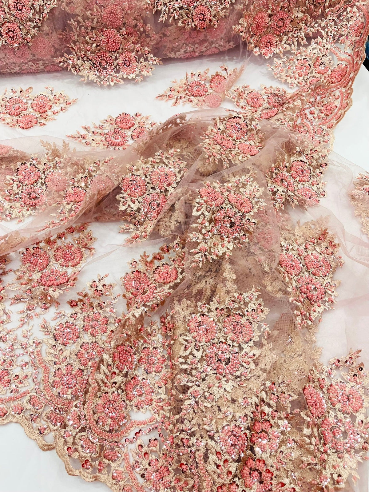 Princess Beaded Damask Lace On Mesh| 54" Wide| Wedding Fabric| Prom. - New Creations Fabric & Foam Inc