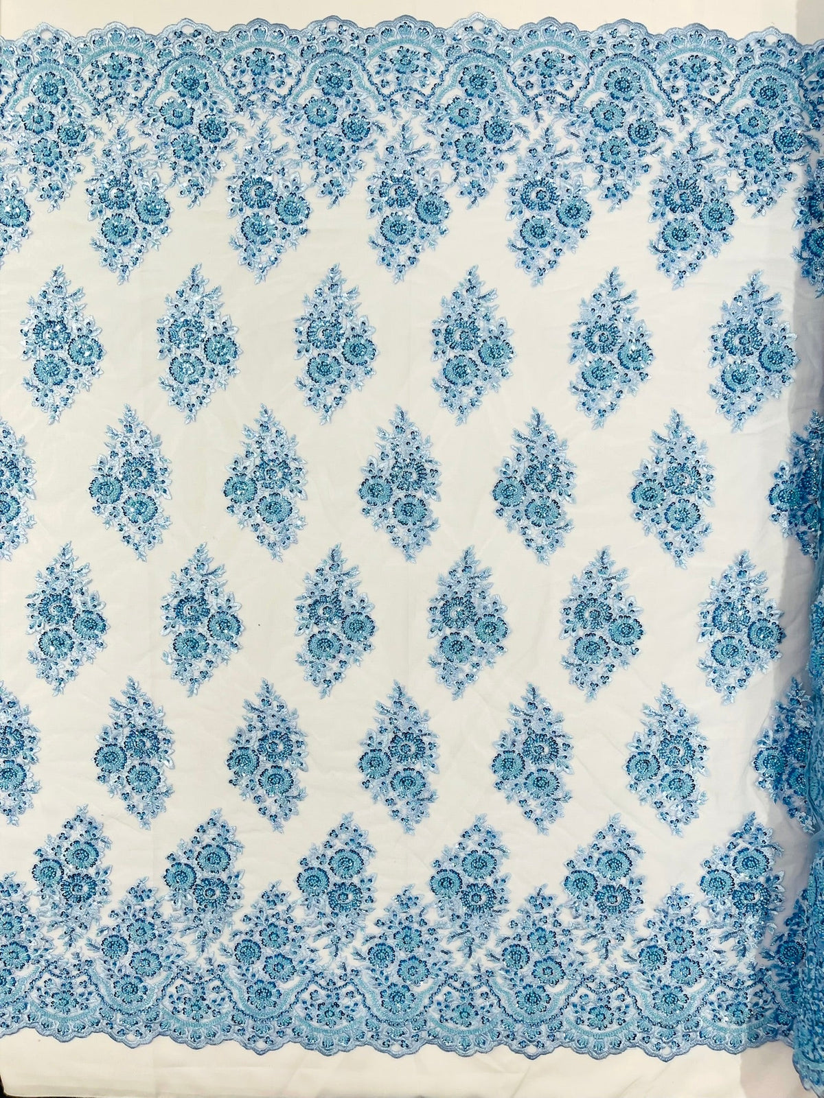 Princess Beaded Damask Lace On Mesh| 54" Wide| Wedding Fabric| Prom. - New Creations Fabric & Foam Inc