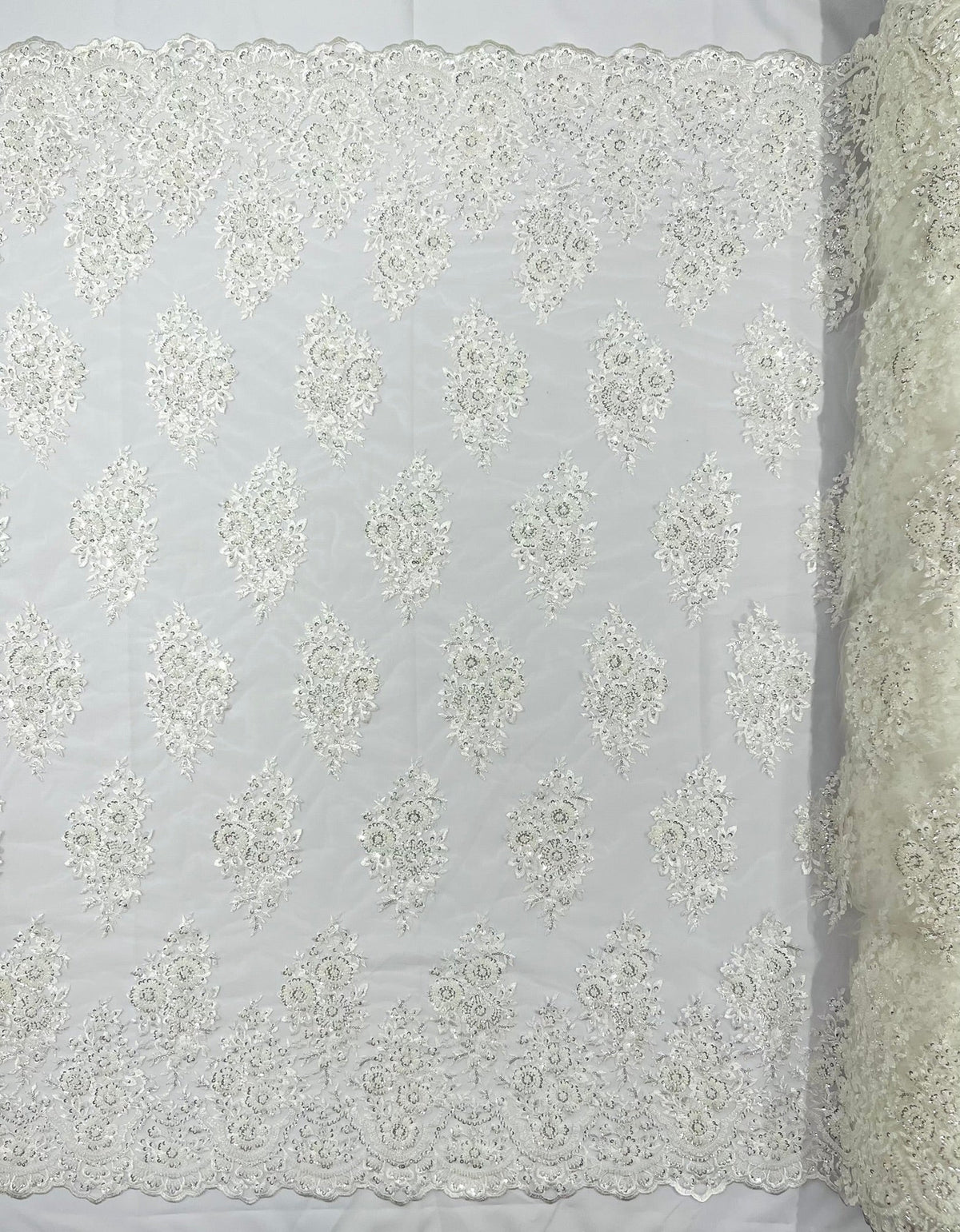 Princess Beaded Damask Lace On Mesh| 54" Wide| Wedding Fabric| Prom. - New Creations Fabric & Foam Inc