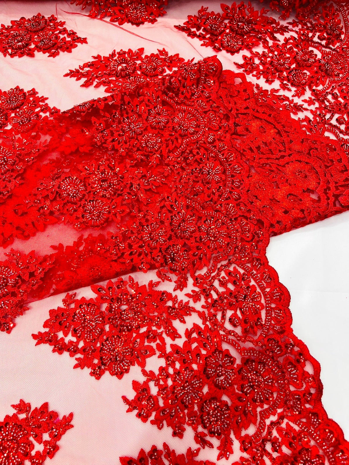 Princess Beaded Damask Lace On Mesh| 54" Wide| Wedding Fabric| Prom. - New Creations Fabric & Foam Inc