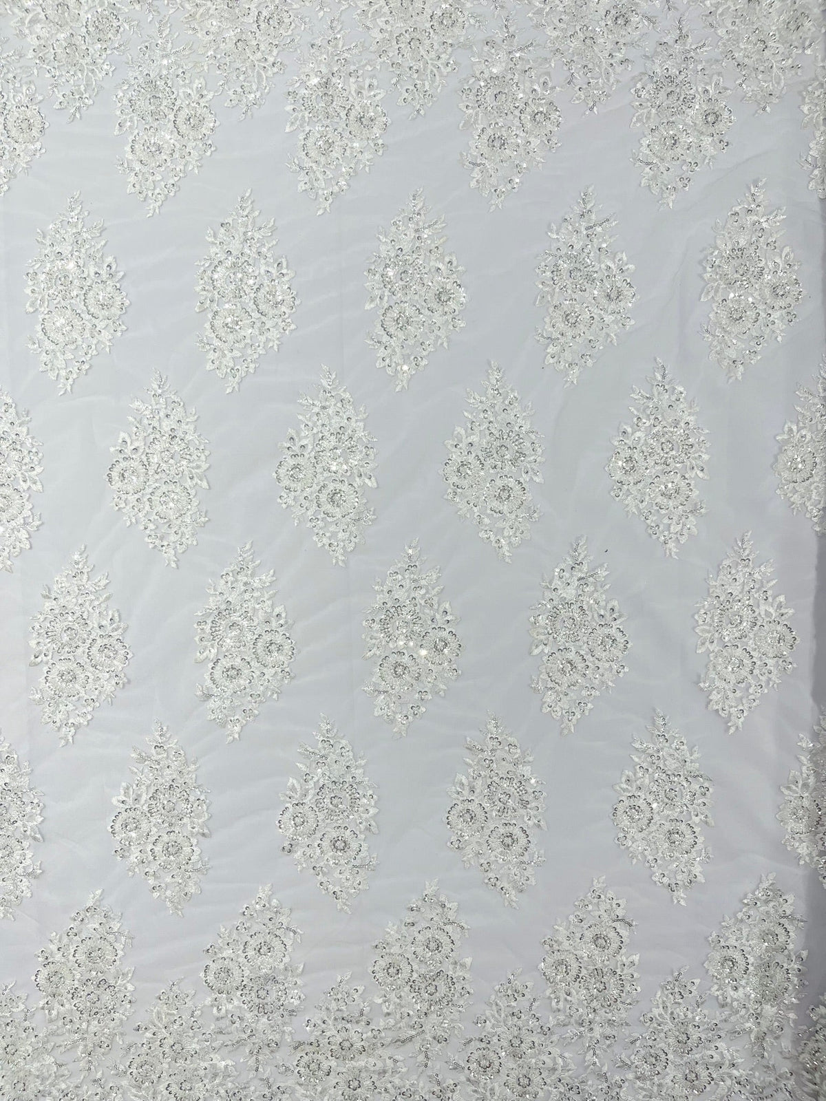 Princess Beaded Damask Lace On Mesh| 54" Wide| Wedding Fabric| Prom. - New Creations Fabric & Foam Inc
