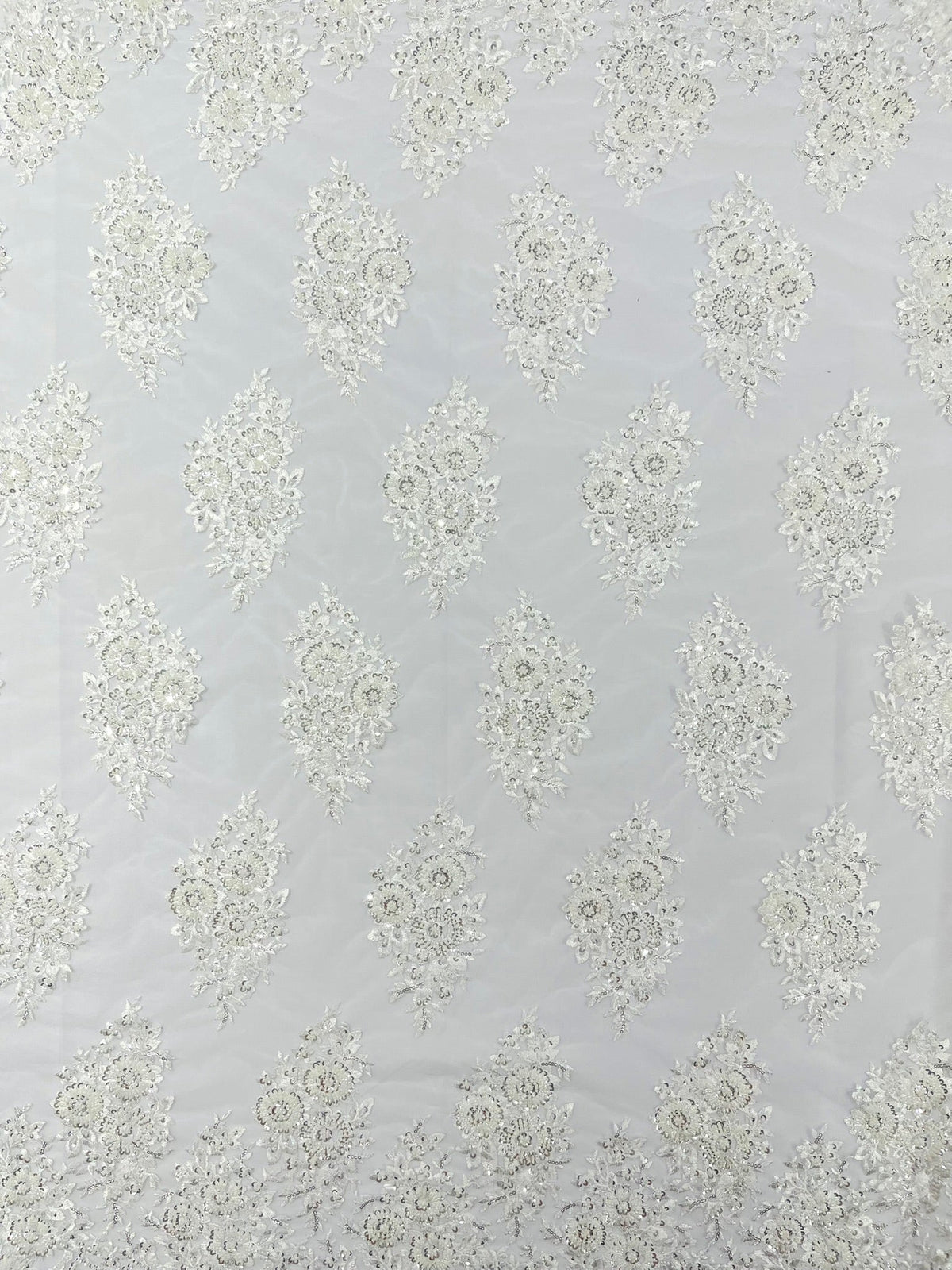 Princess Beaded Damask Lace On Mesh| 54" Wide| Wedding Fabric| Prom. - New Creations Fabric & Foam Inc