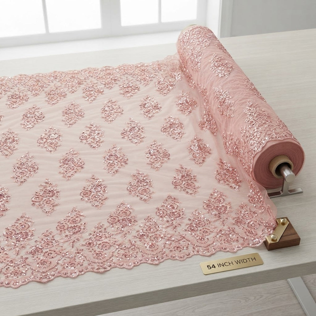 Princess Beaded Damask Lace On Mesh| 54" Wide| Wedding Fabric| Prom. - New Creations Fabric & Foam Inc