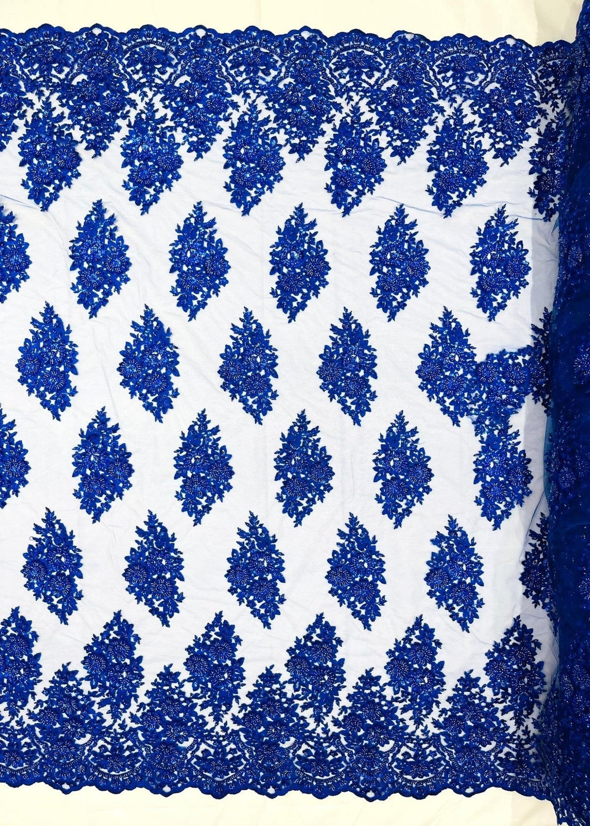 Princess Beaded Damask Lace On Mesh| 54" Wide| Wedding Fabric| Prom. - New Creations Fabric & Foam Inc