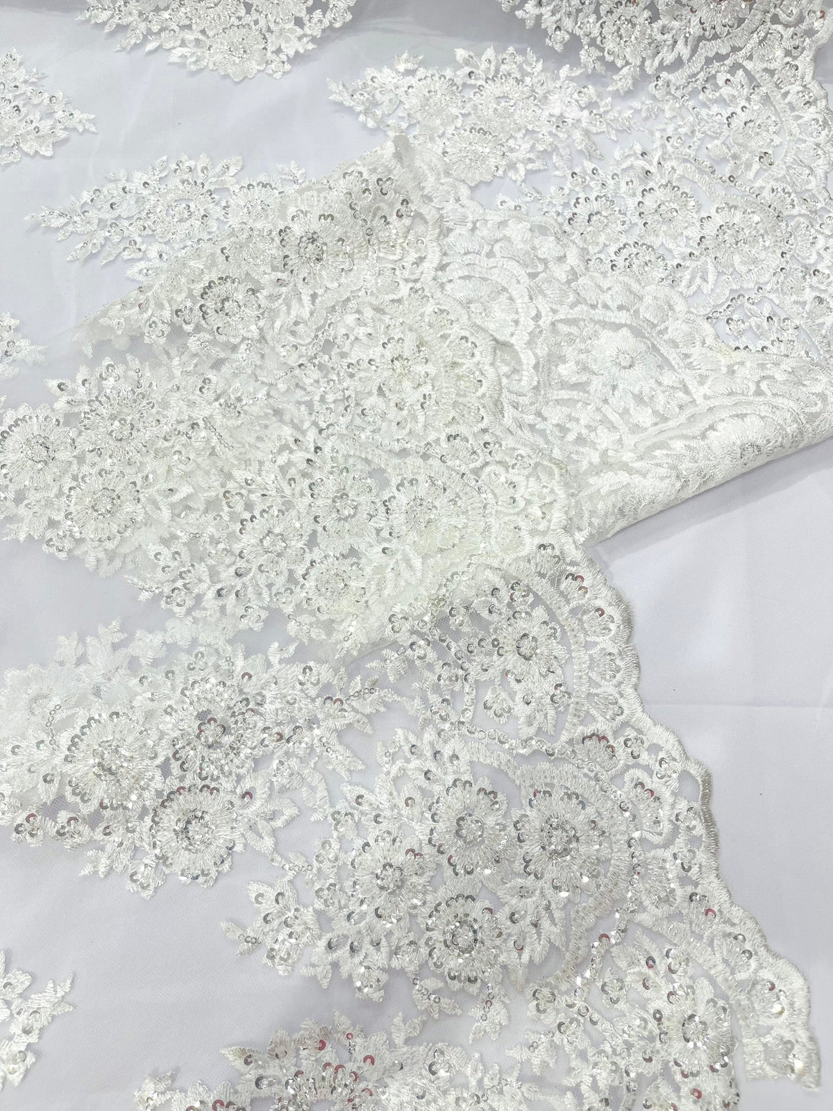 Princess Beaded Damask Lace On Mesh| 54" Wide| Wedding Fabric| Prom. - New Creations Fabric & Foam Inc