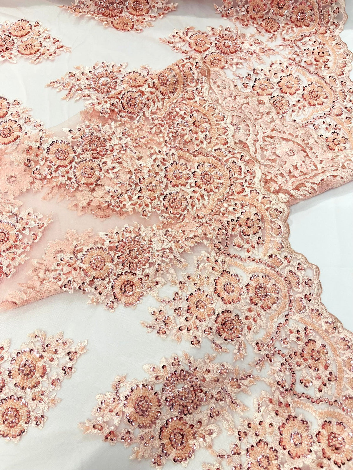 Princess Beaded Damask Lace On Mesh| 54" Wide| Wedding Fabric| Prom. - New Creations Fabric & Foam Inc