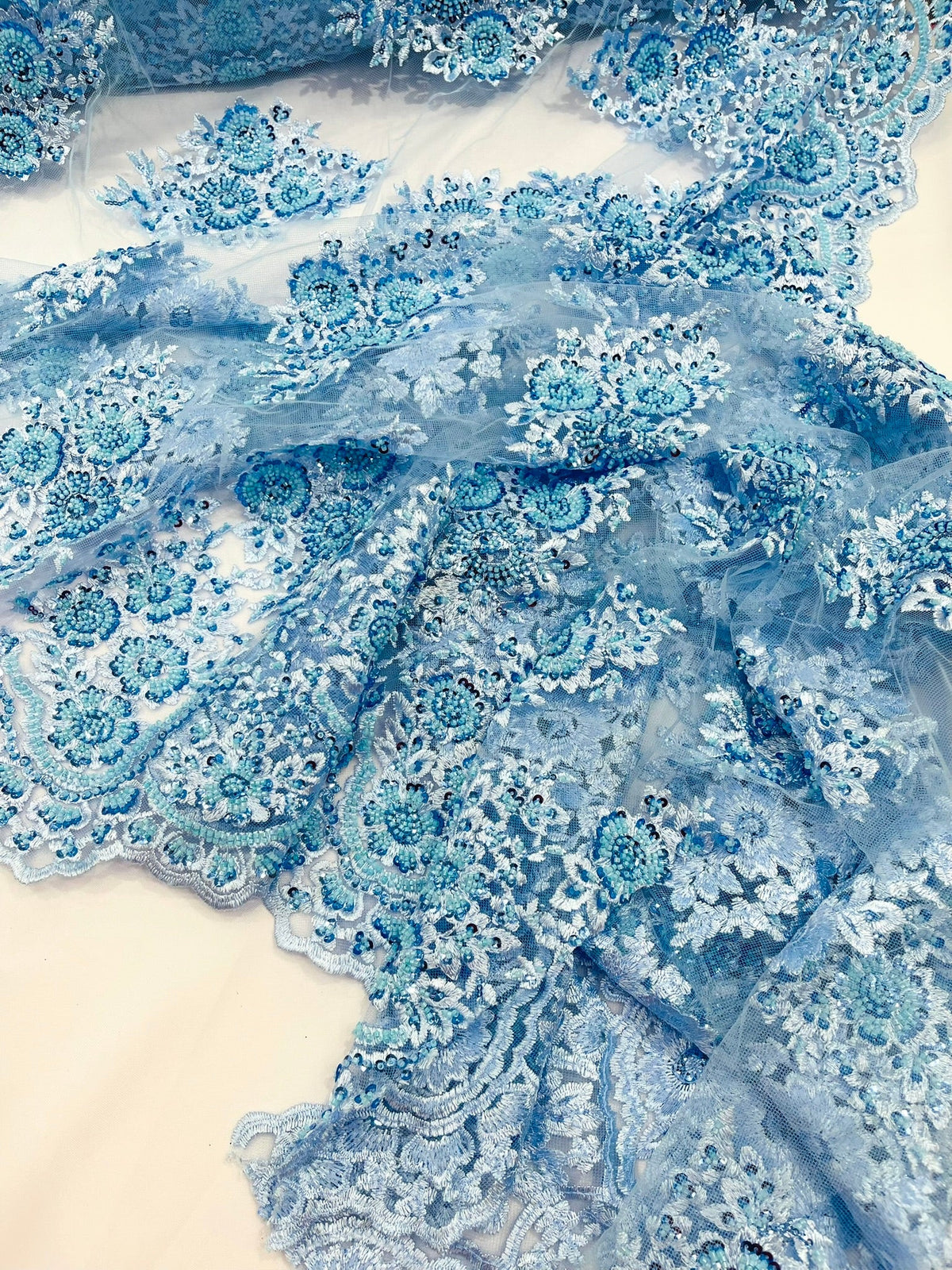 Princess Beaded Damask Lace On Mesh| 54" Wide| Wedding Fabric| Prom. - New Creations Fabric & Foam Inc