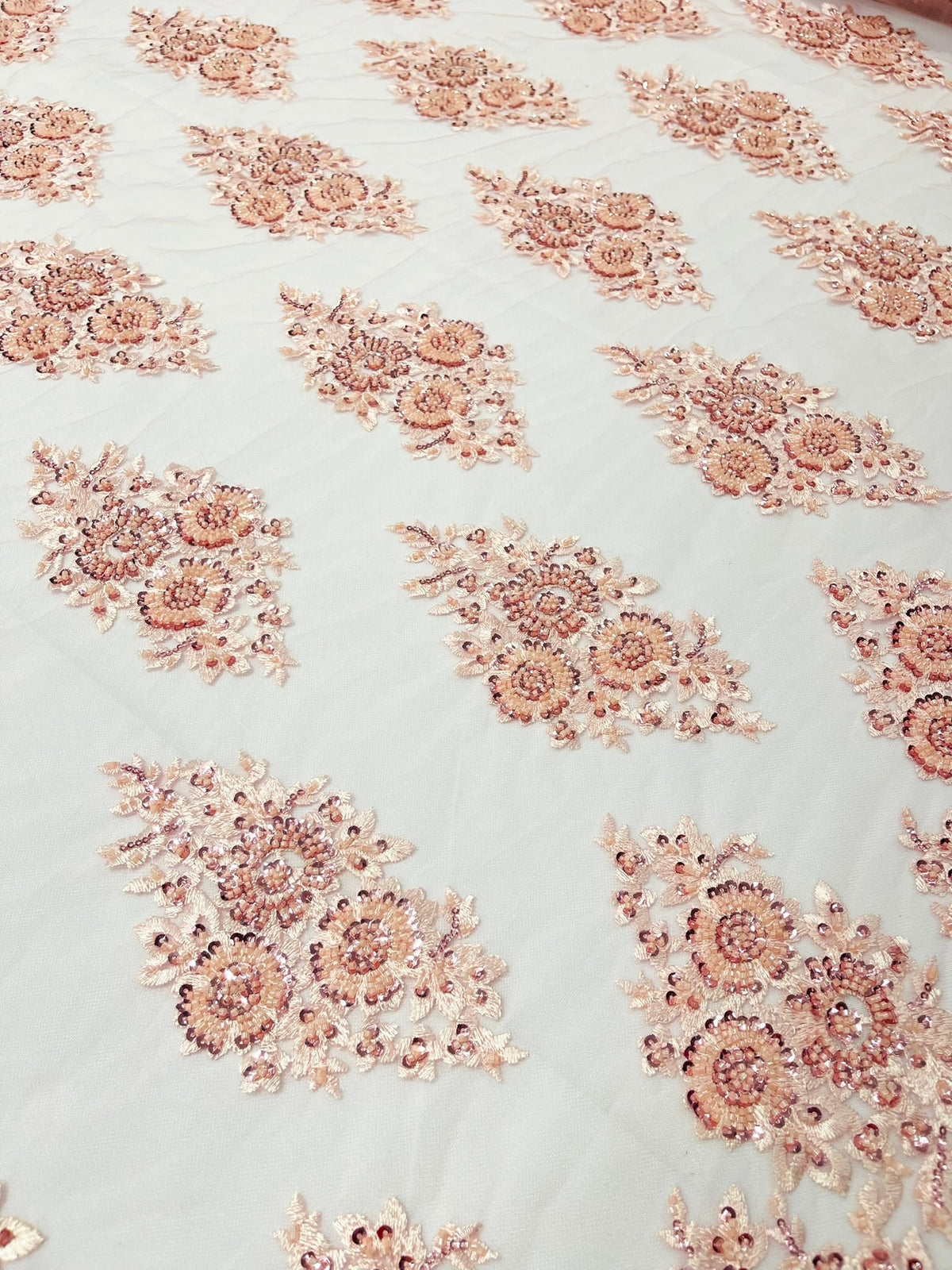 Princess Beaded Damask Lace On Mesh| 54" Wide| Wedding Fabric| Prom. - New Creations Fabric & Foam Inc