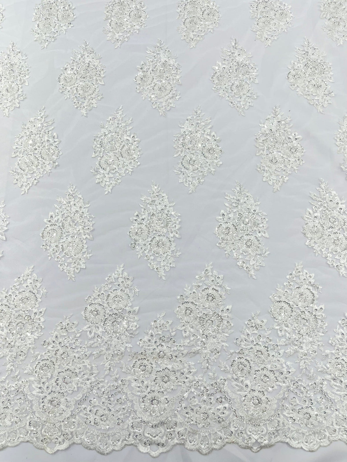 Princess Beaded Damask Lace On Mesh| 54" Wide| Wedding Fabric| Prom. - New Creations Fabric & Foam Inc