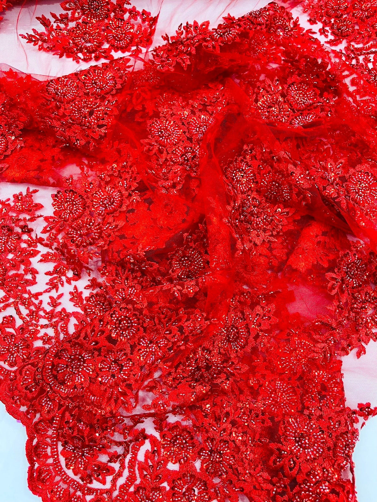 Princess Beaded Damask Lace On Mesh| 54" Wide| Wedding Fabric| Prom. - New Creations Fabric & Foam Inc