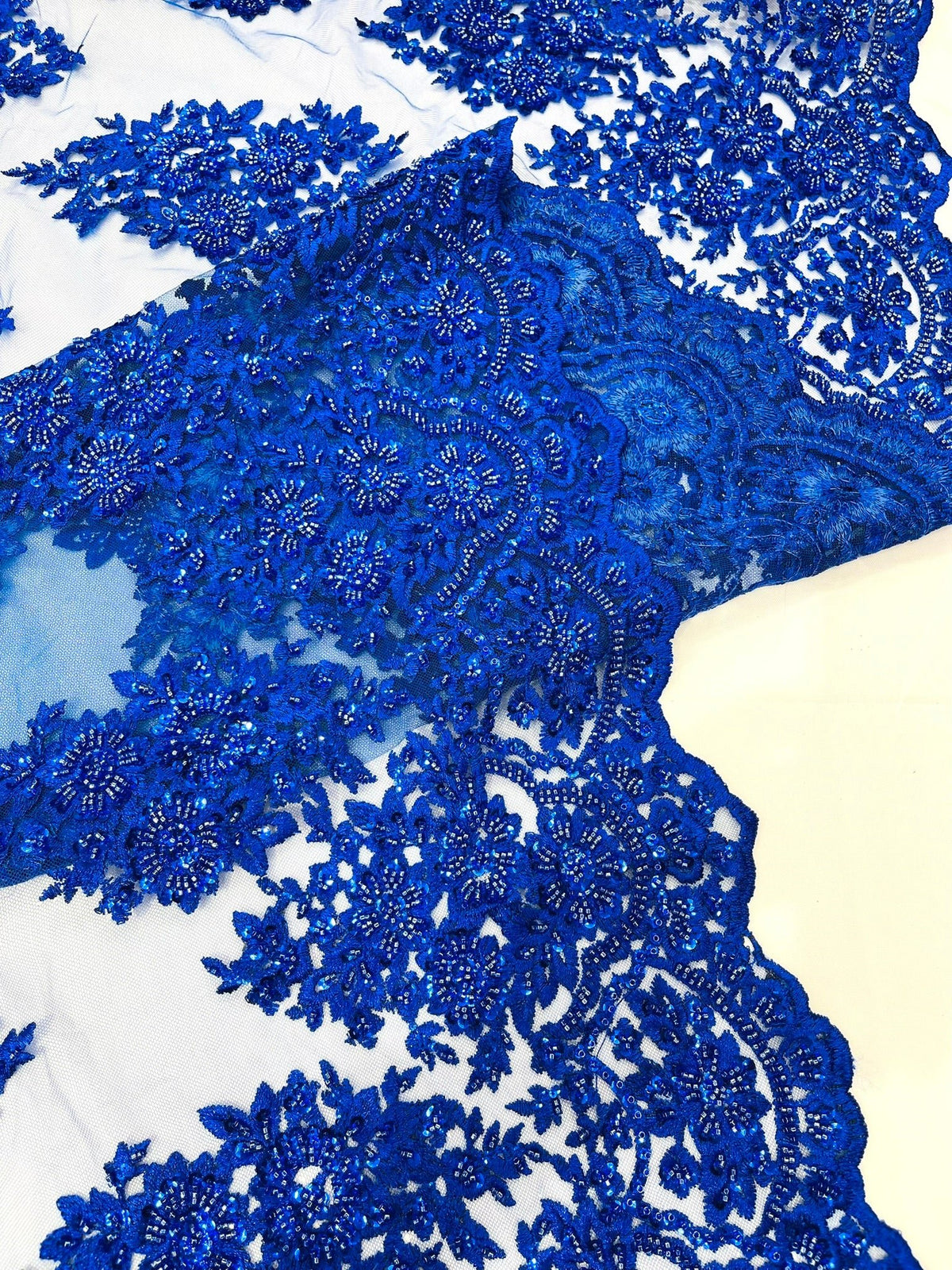 Princess Beaded Damask Lace On Mesh| 54" Wide| Wedding Fabric| Prom. - New Creations Fabric & Foam Inc