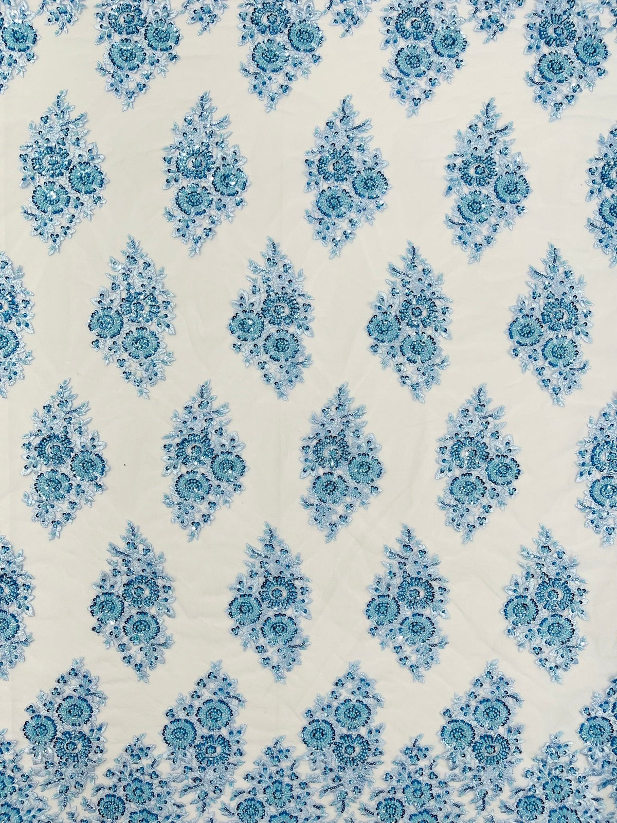 Princess Beaded Damask Lace On Mesh| 54" Wide| Wedding Fabric| Prom. - New Creations Fabric & Foam Inc